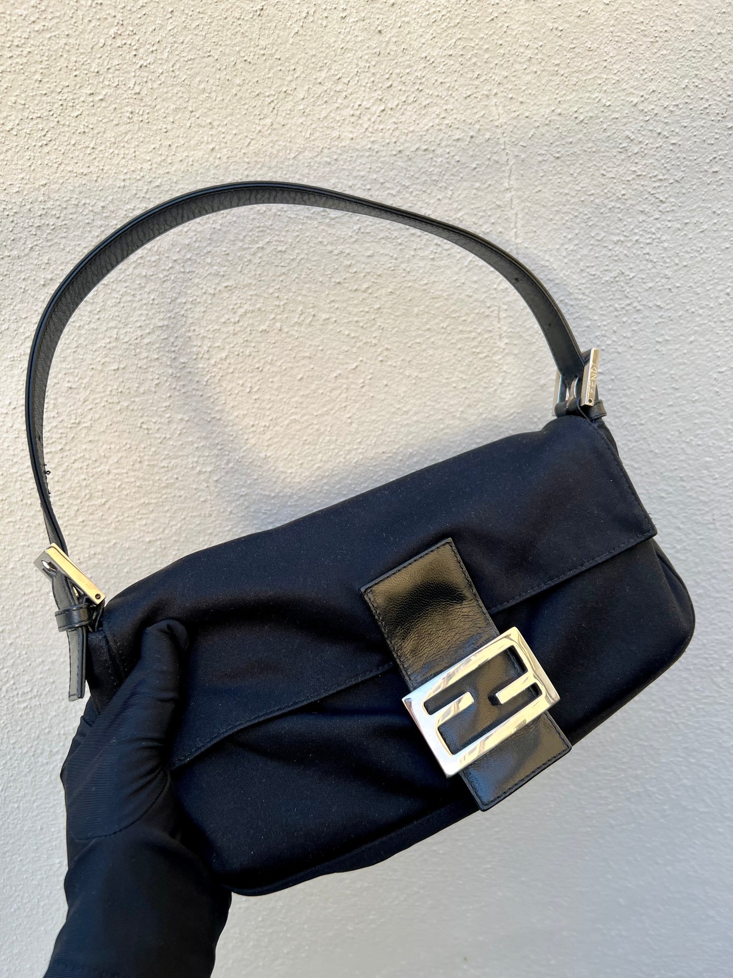 Pre-loved Fendi Vintage Nylon Baguette Shoulder Bag Black