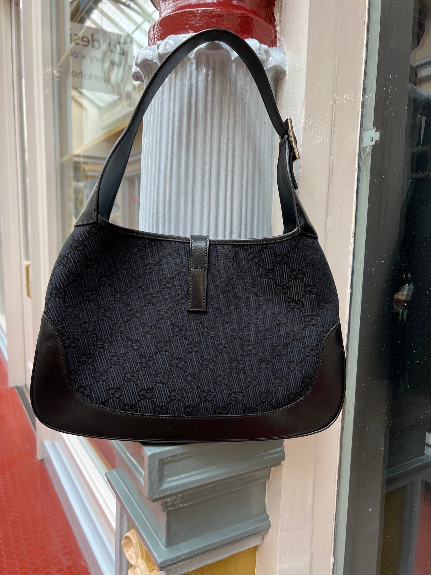 Pre-loved Gucci Black GG Canvas and Leather Jackie O Hobo