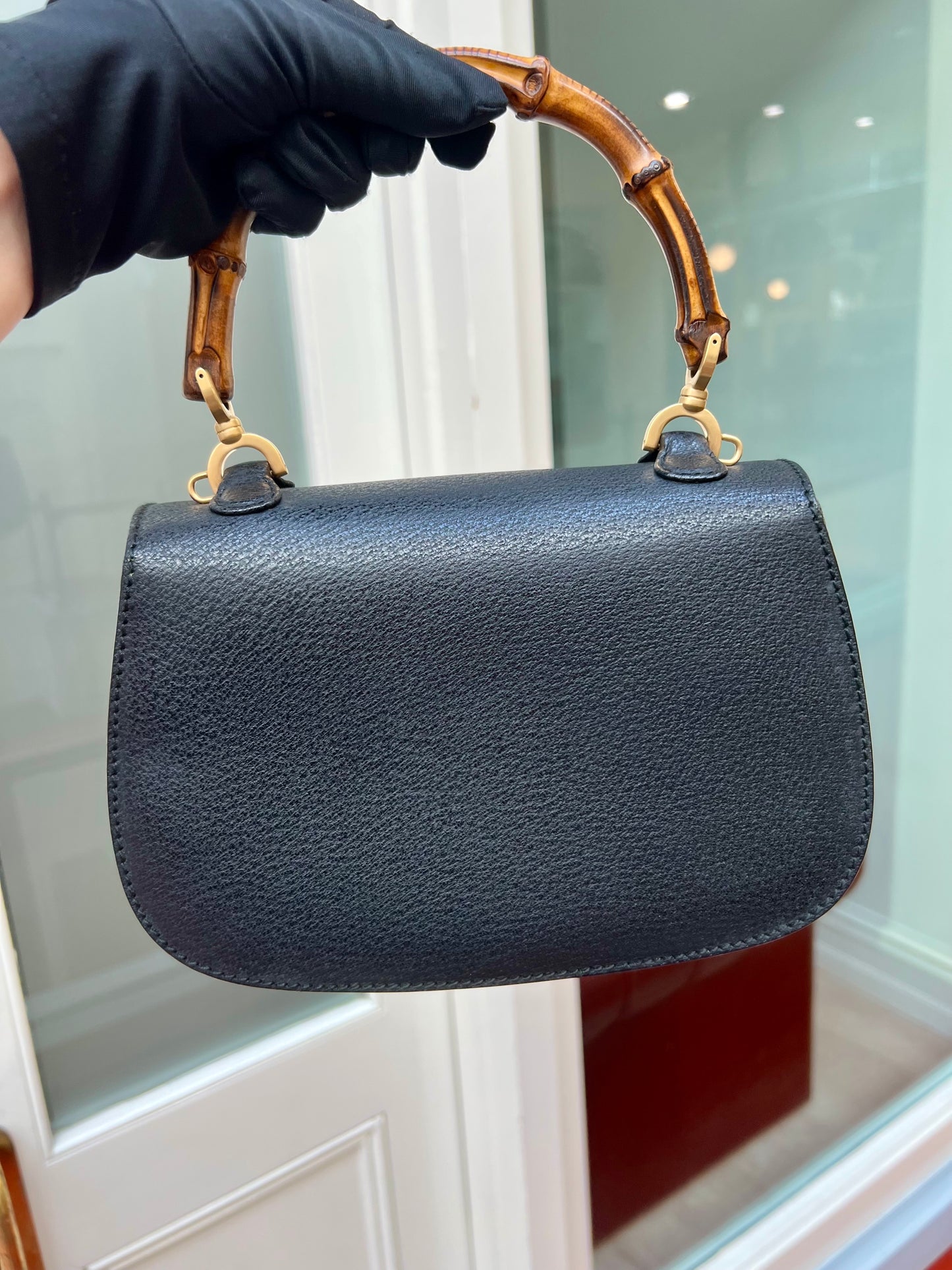 Pre-loved Vintage Gucci Black Leather Bamboo Night 1947 Top Handle Bag 20th Century
