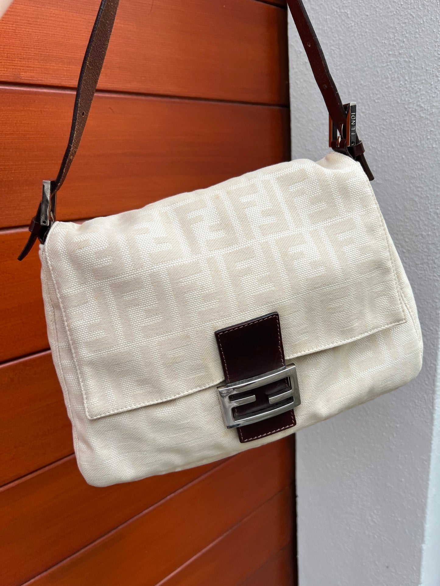 Pre-loved Fendi Zucca Canvas Mamma Baguette Shoulder Bag Beige