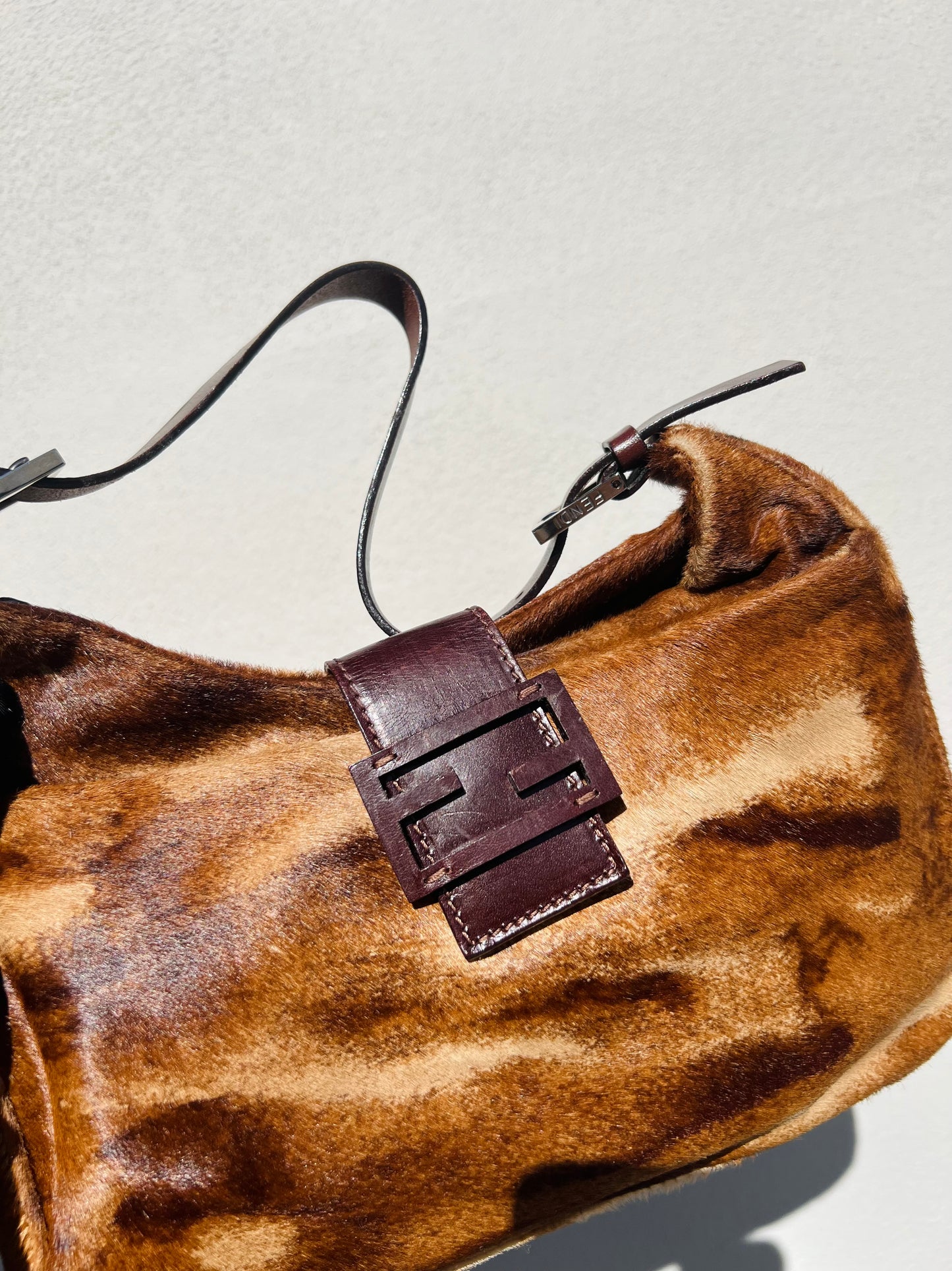 Pre-loved FENDI Mamma Baguette Shoulder Bag Pony Hair leather Brown
