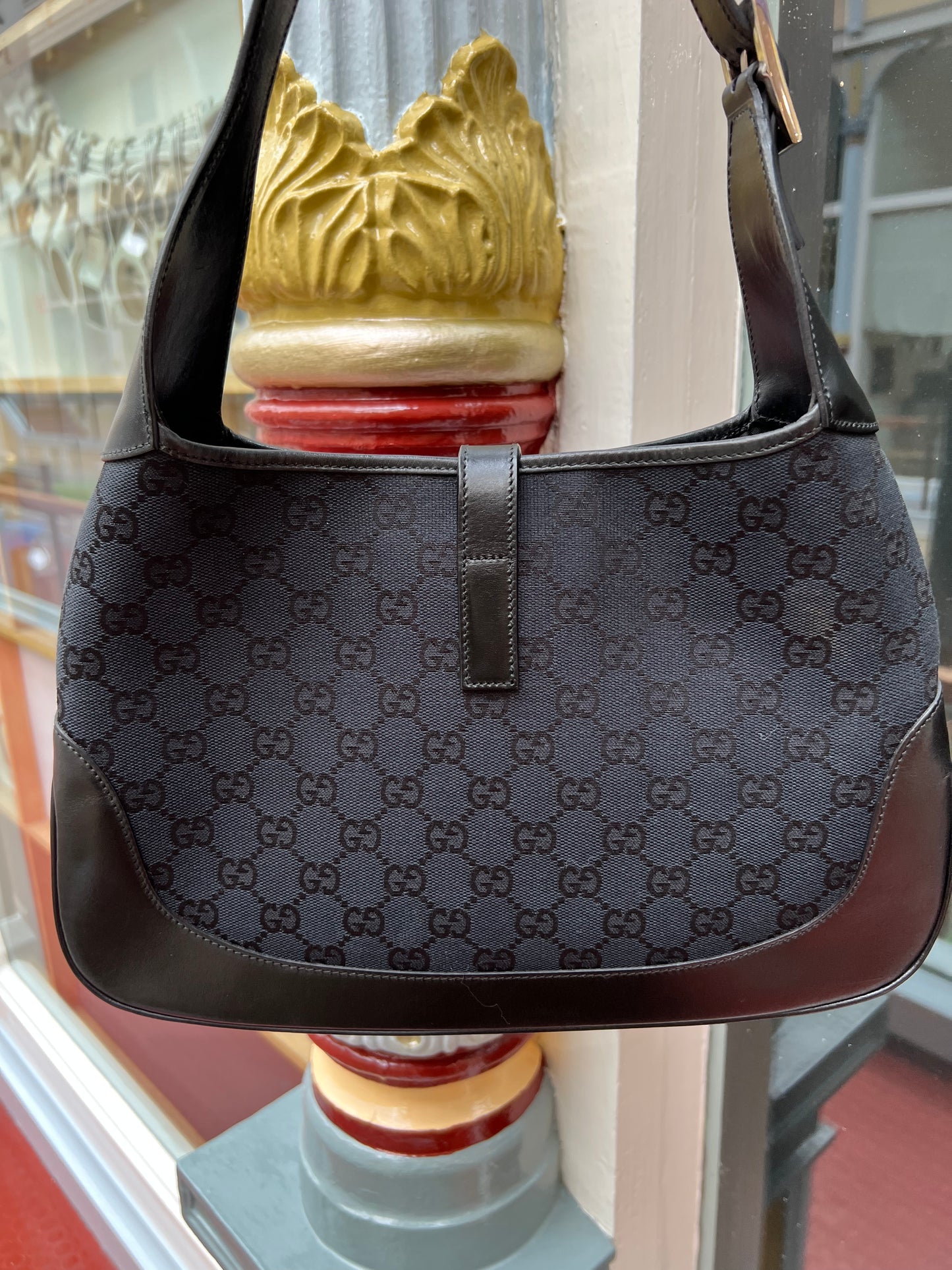 Pre-loved Gucci Black GG Canvas and Leather Jackie O Hobo