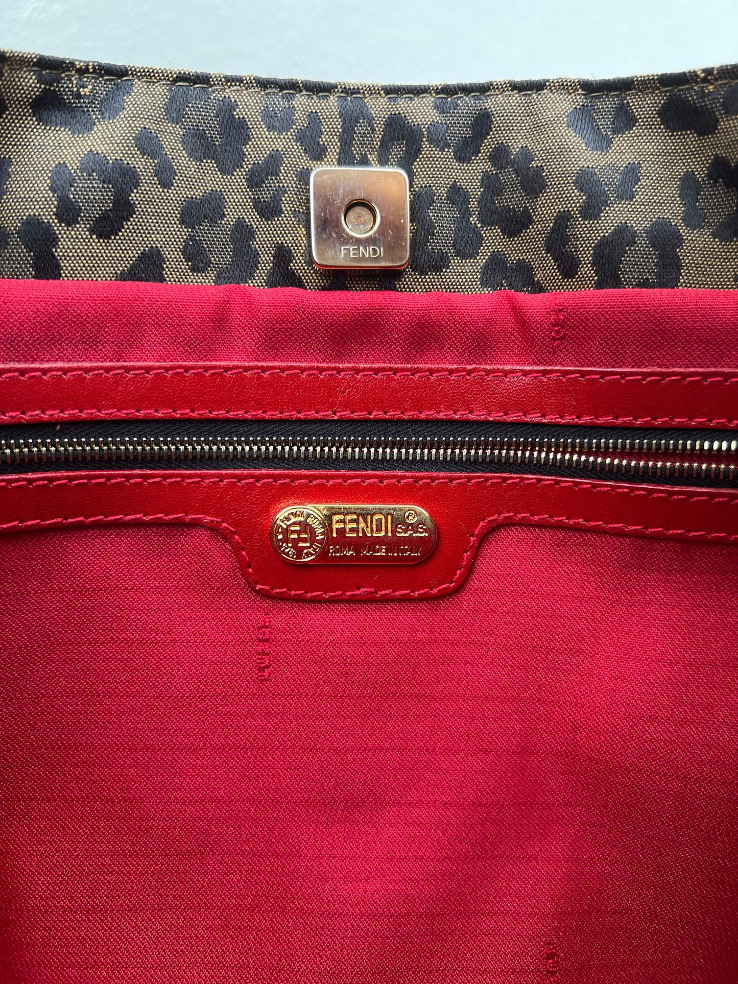 Pre-loved Fendi Leopard Print Tote Bag with Red Handles