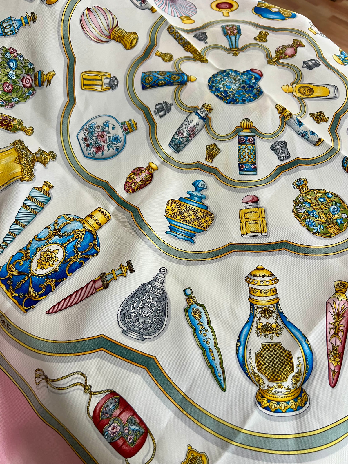 Pre-loved Hermès Pink & Multicolor 'Qu'importe Le Flacon' Silk Scarf 90
