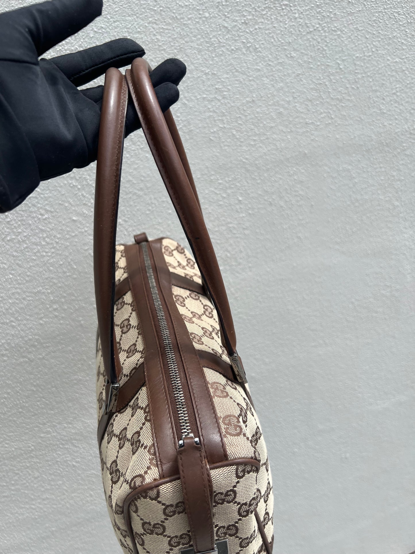 Pre- loved Gucci Beige/Brown GG Canvas and Leather Boston Bag