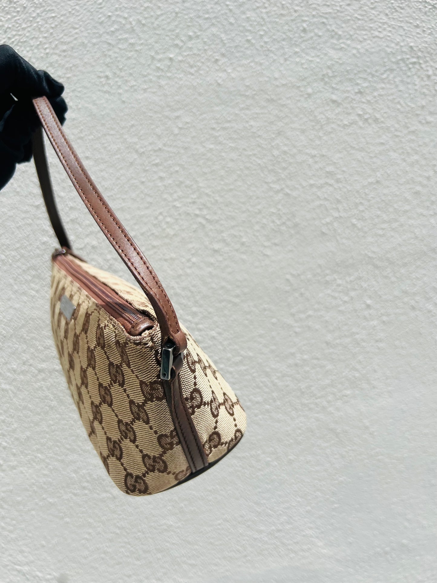 Pre-loved Gucci vintage GG Canvas Boat Baguette Bag Brown