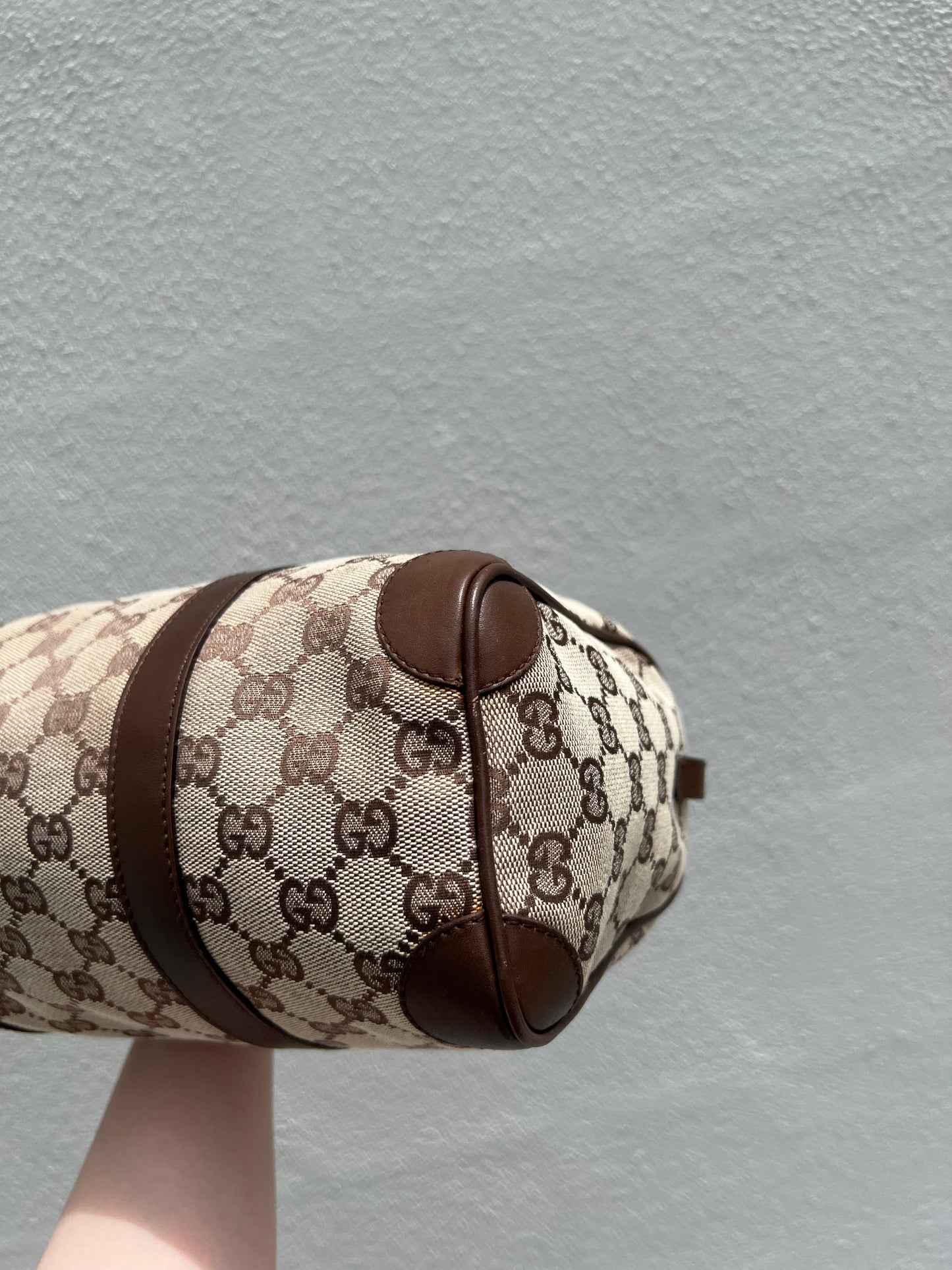 Pre- loved Gucci Beige/Brown GG Canvas and Leather Boston Bag