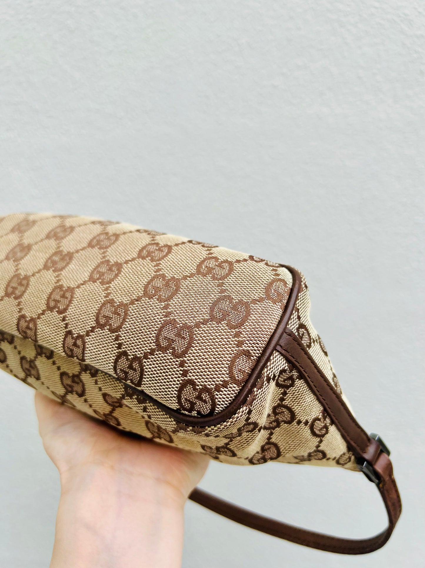 Pre-loved Gucci vintage GG Canvas Boat Baguette Bag Brown