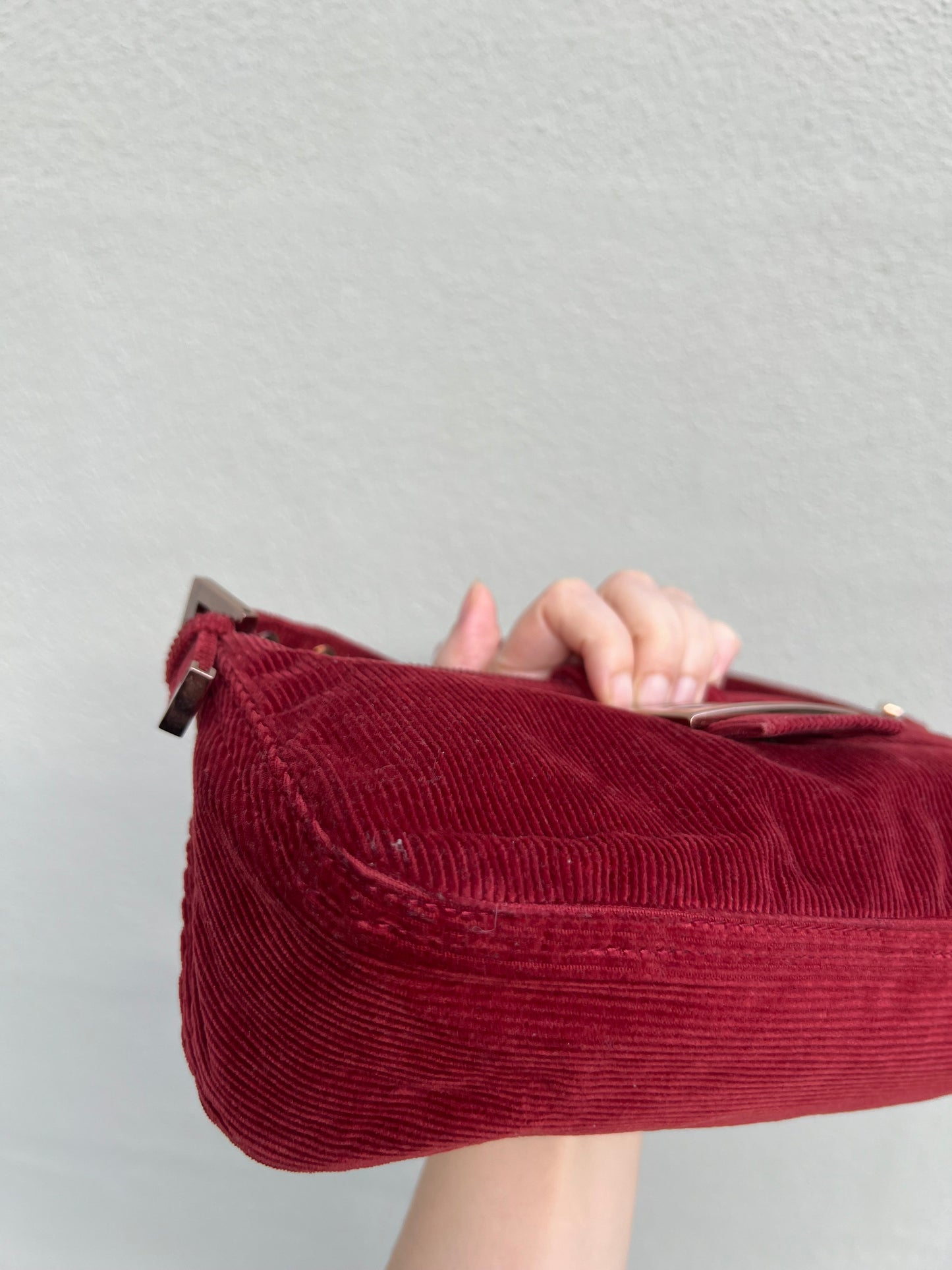 Pre-loved Fendi Red Corduroy Top-zip Baguette Shoulder Bag