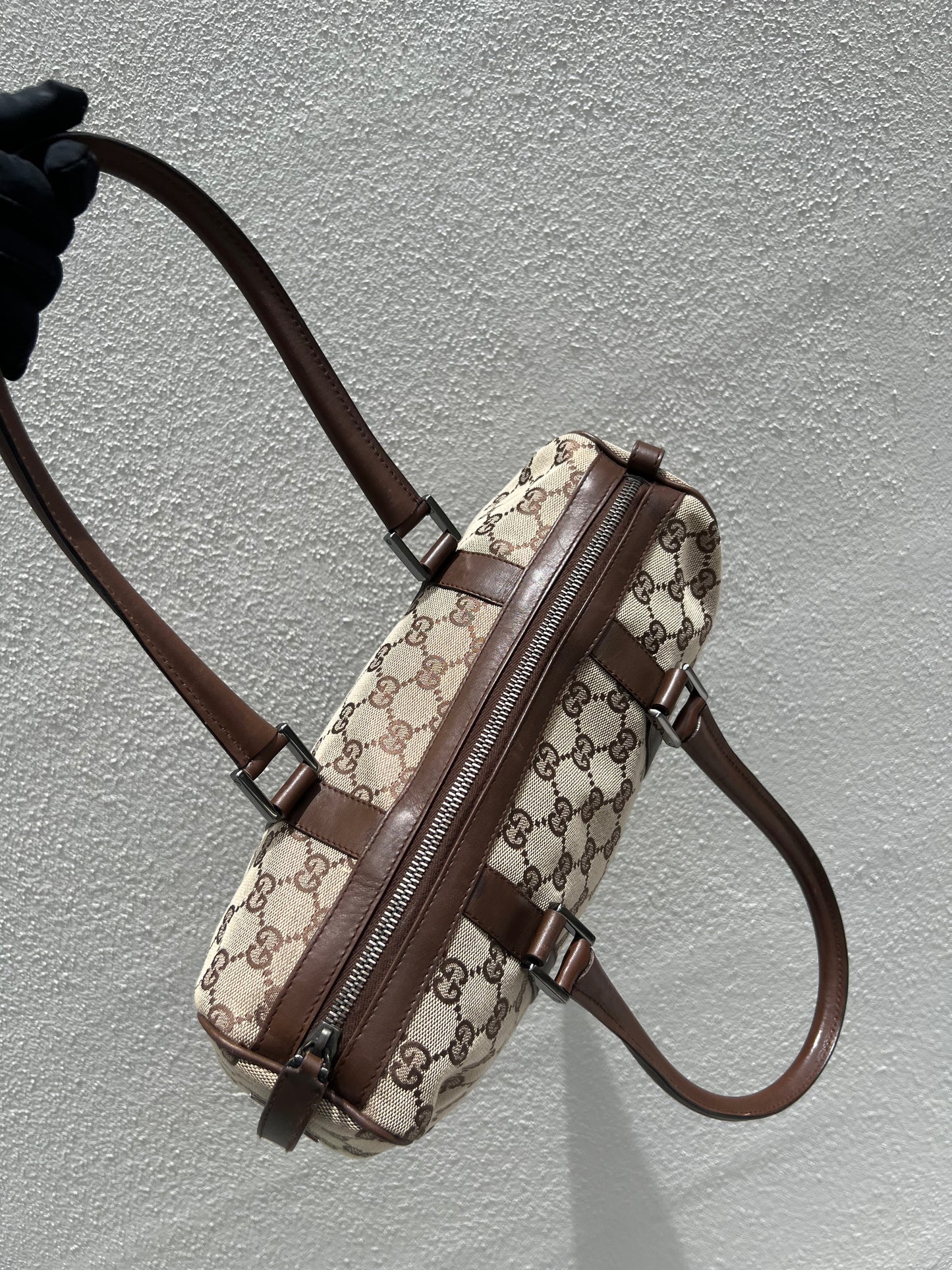 Pre- loved Gucci Beige/Brown GG Canvas and Leather Boston Bag