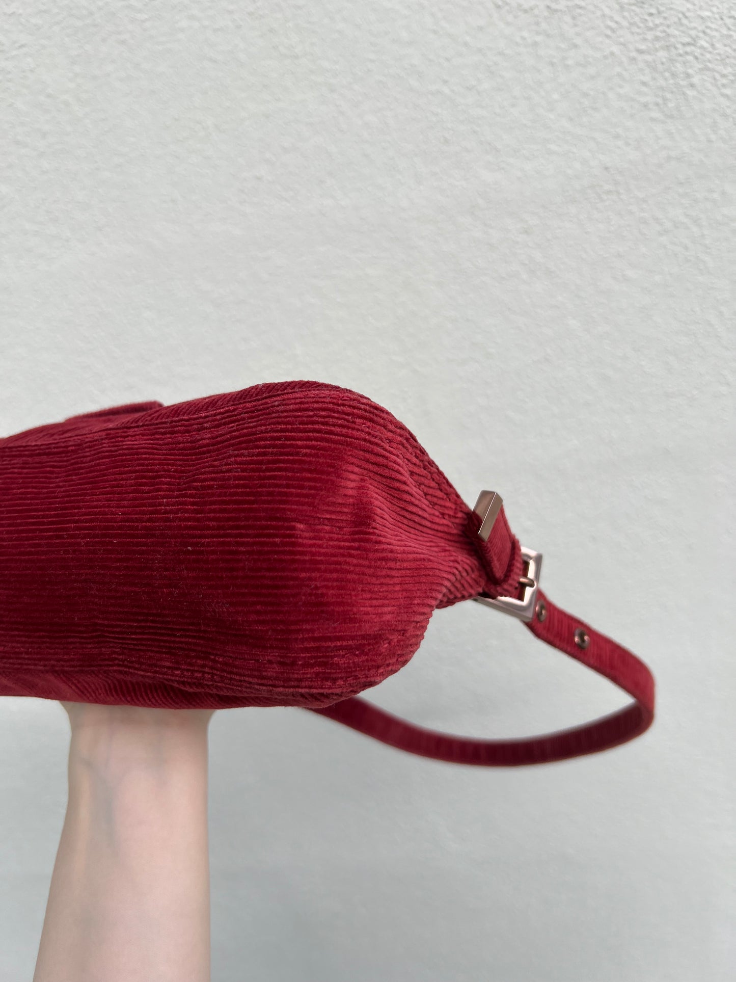 Pre-loved Fendi Red Corduroy Top-zip Baguette Shoulder Bag