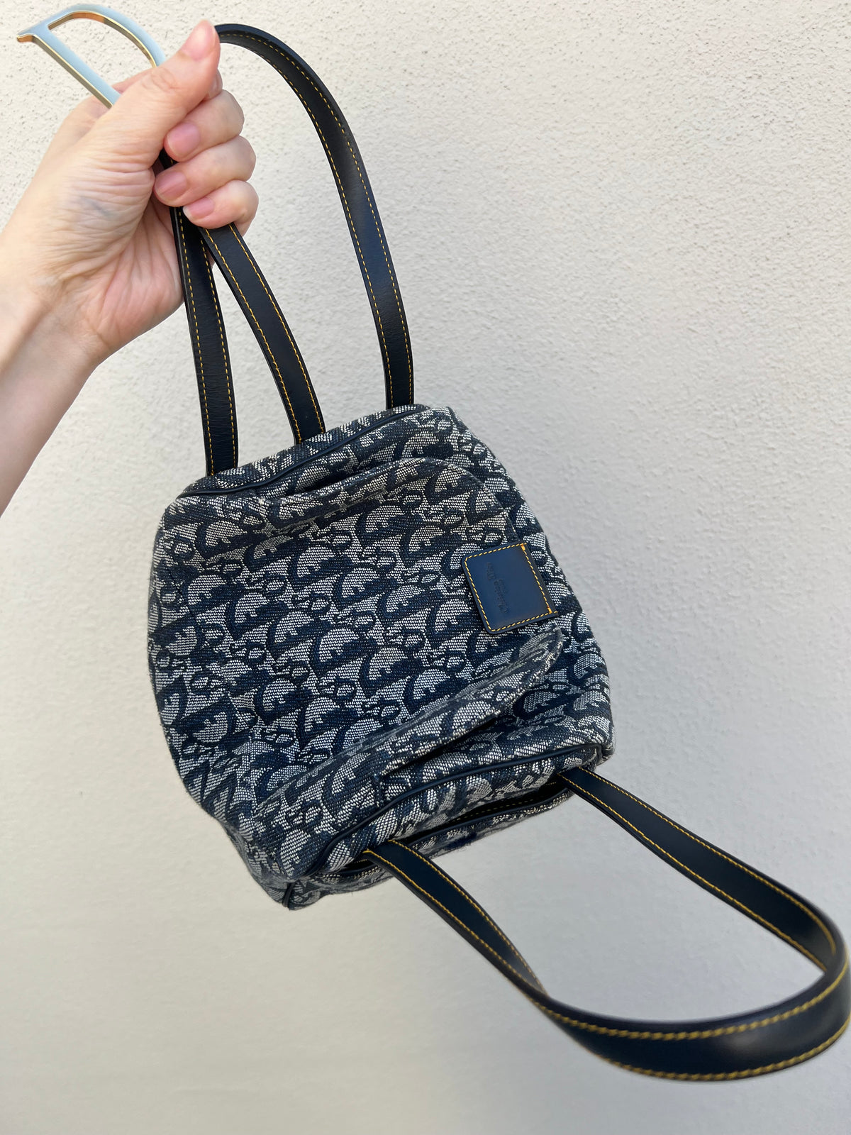 Pre-loved Christian Dior Navy Blue Logo Canvas Small Satchel Tote Bag