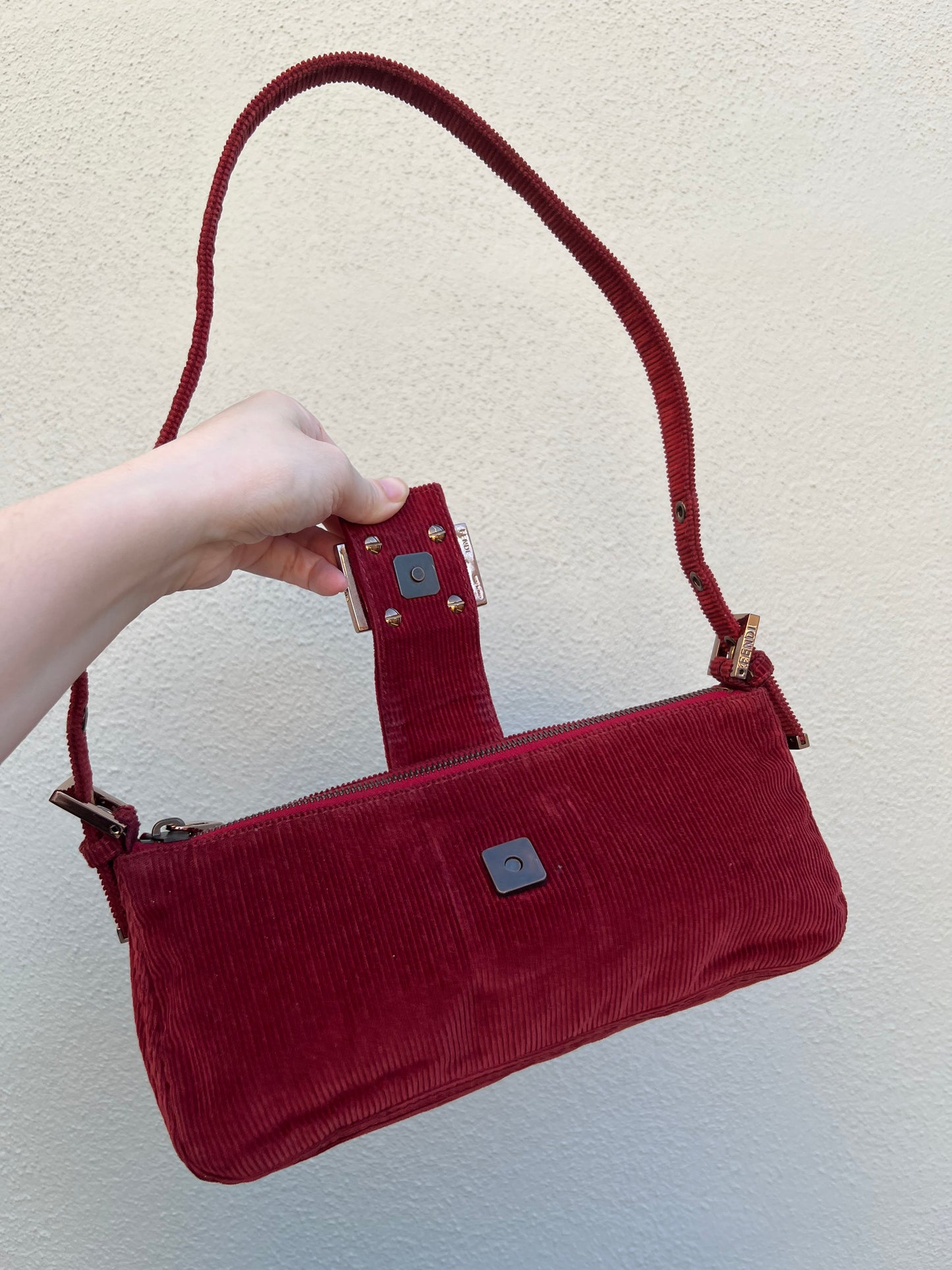 Pre-loved Fendi Red Corduroy Top-zip Baguette Shoulder Bag