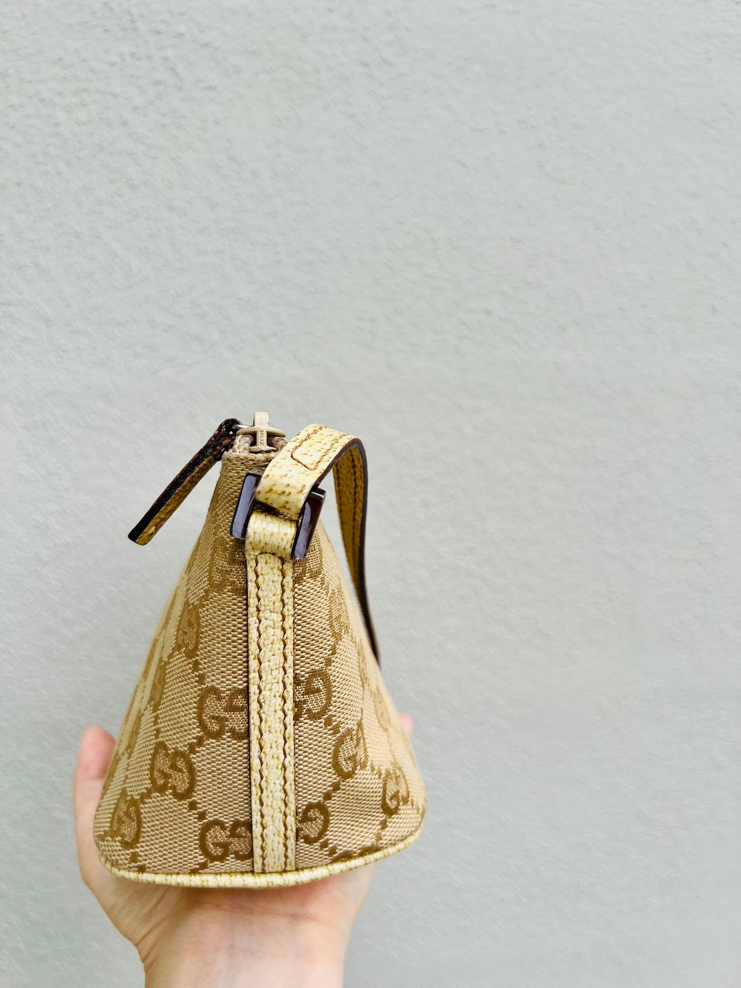 Pre-loved Gucci vintage GG Canvas Boat Baguette Bag Soft Lemon Sorbet Tone