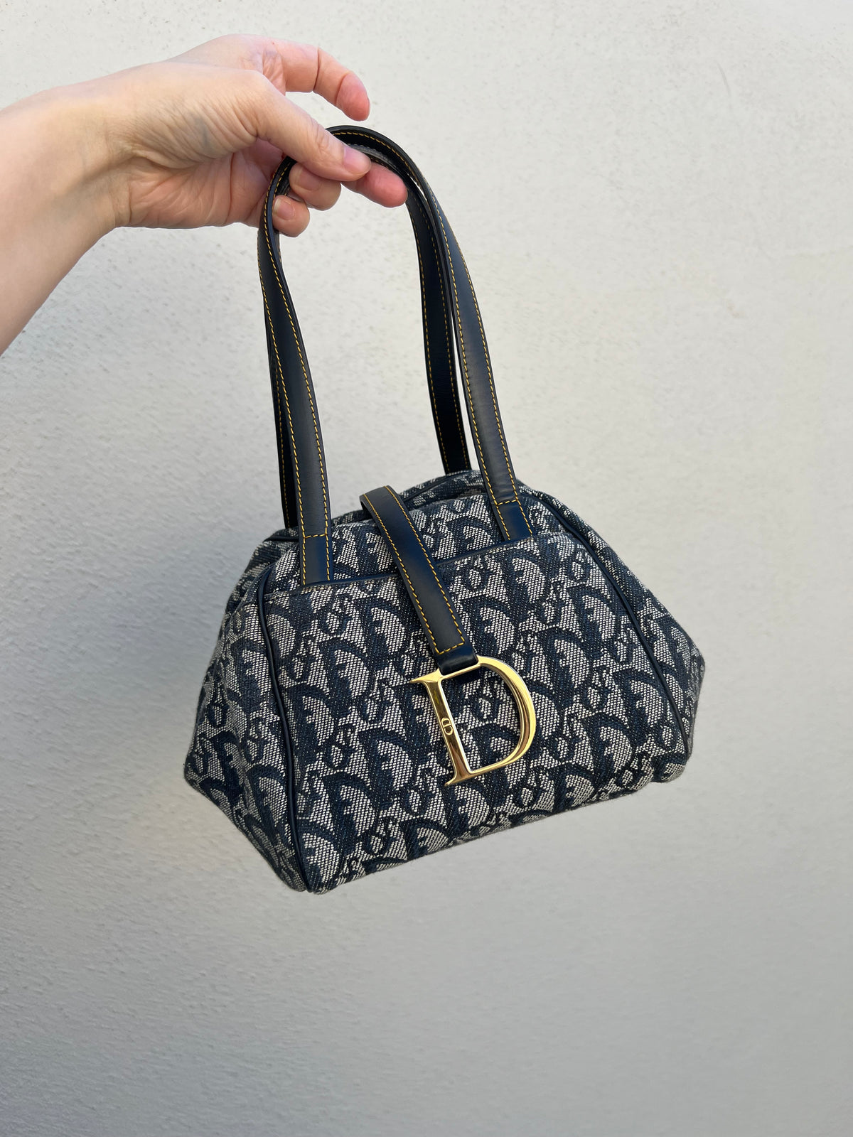 Pre-loved Christian Dior Navy Blue Logo Canvas Small Satchel Tote Bag