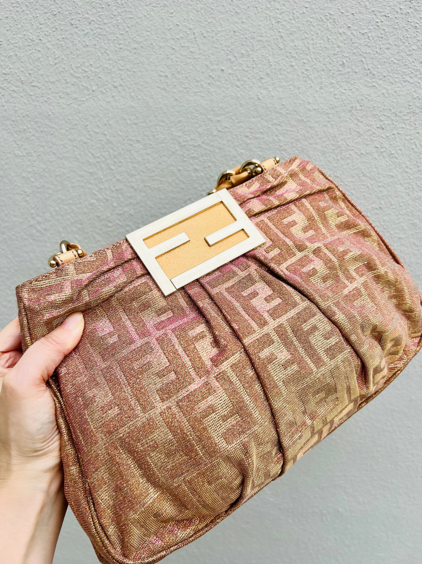 Pre-loved Fendi Metallic FF Zucca Small Mia Gold-tone Tote Handbag