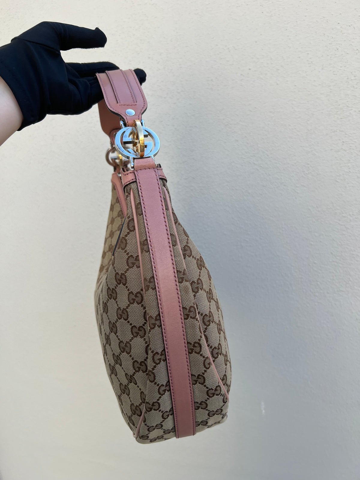 Pre-loved Gucci Beige/Pink GG Canvas Twins Medium Hobo Bag