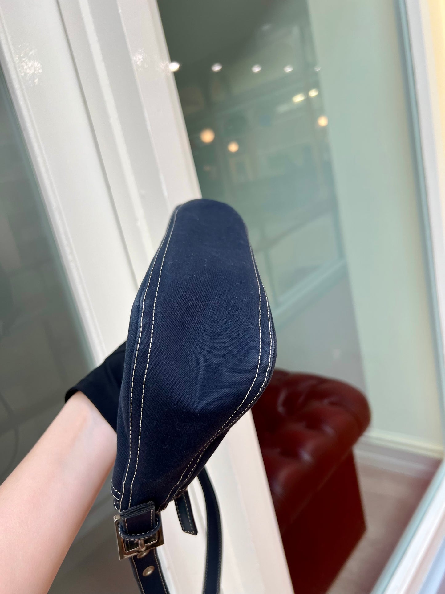 Pre- loved Fendi FF Denim Baguette Shoulder Bag Navy