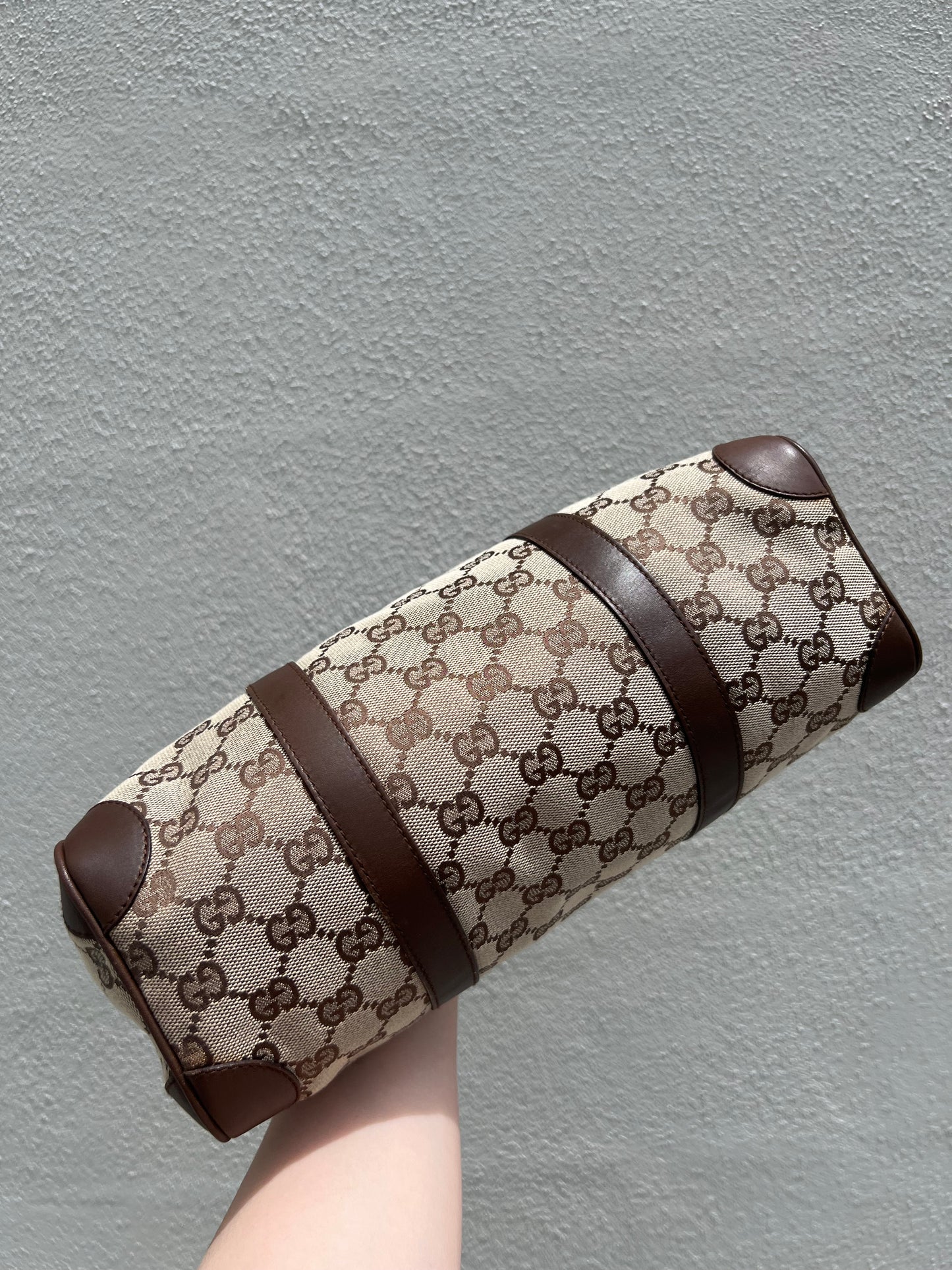 Pre- loved Gucci Beige/Brown GG Canvas and Leather Boston Bag