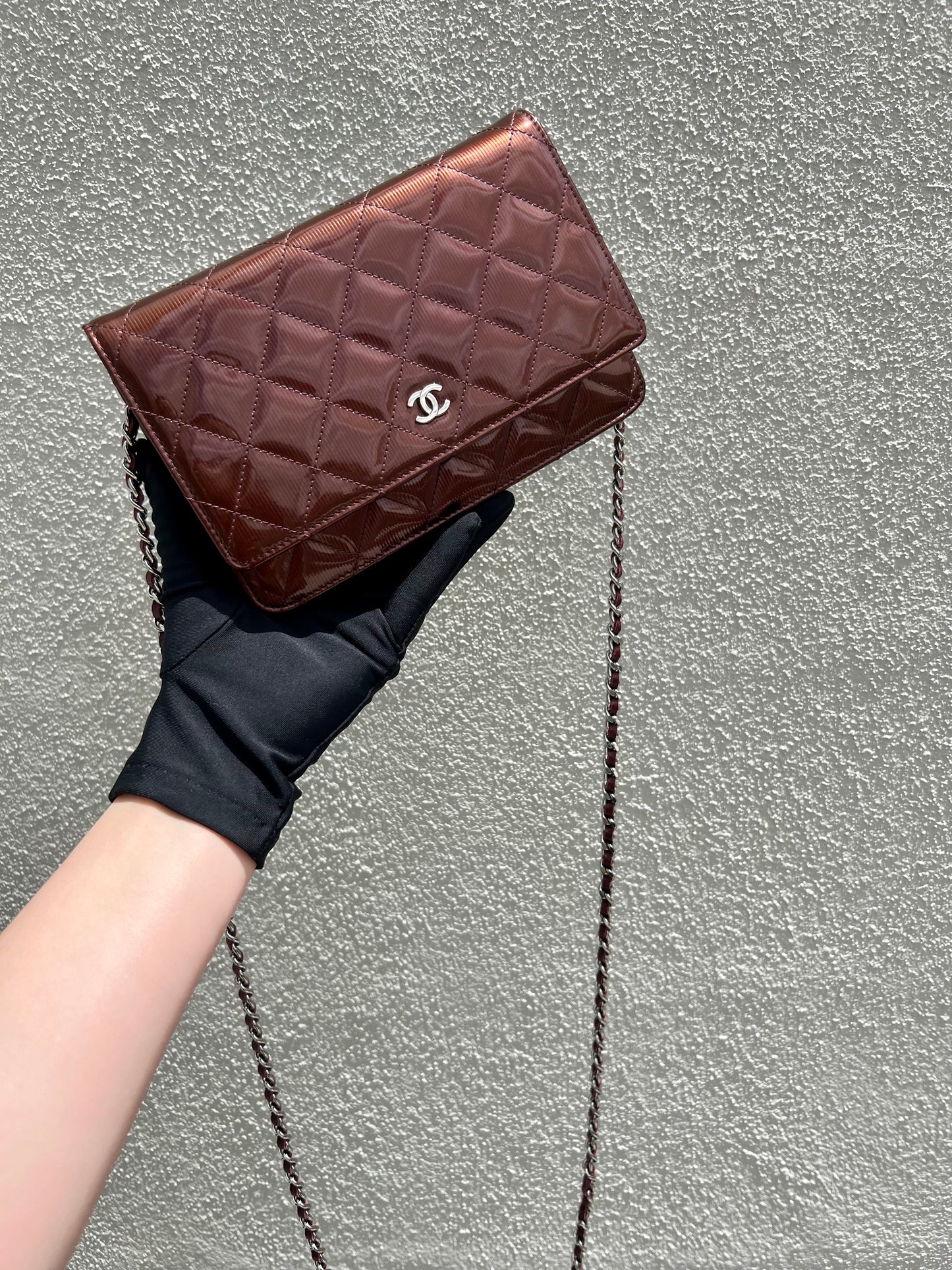 Pre- loved Chanel Burgundy Striated Quilted Patent Leather Classic WOC  Crossbody Bag