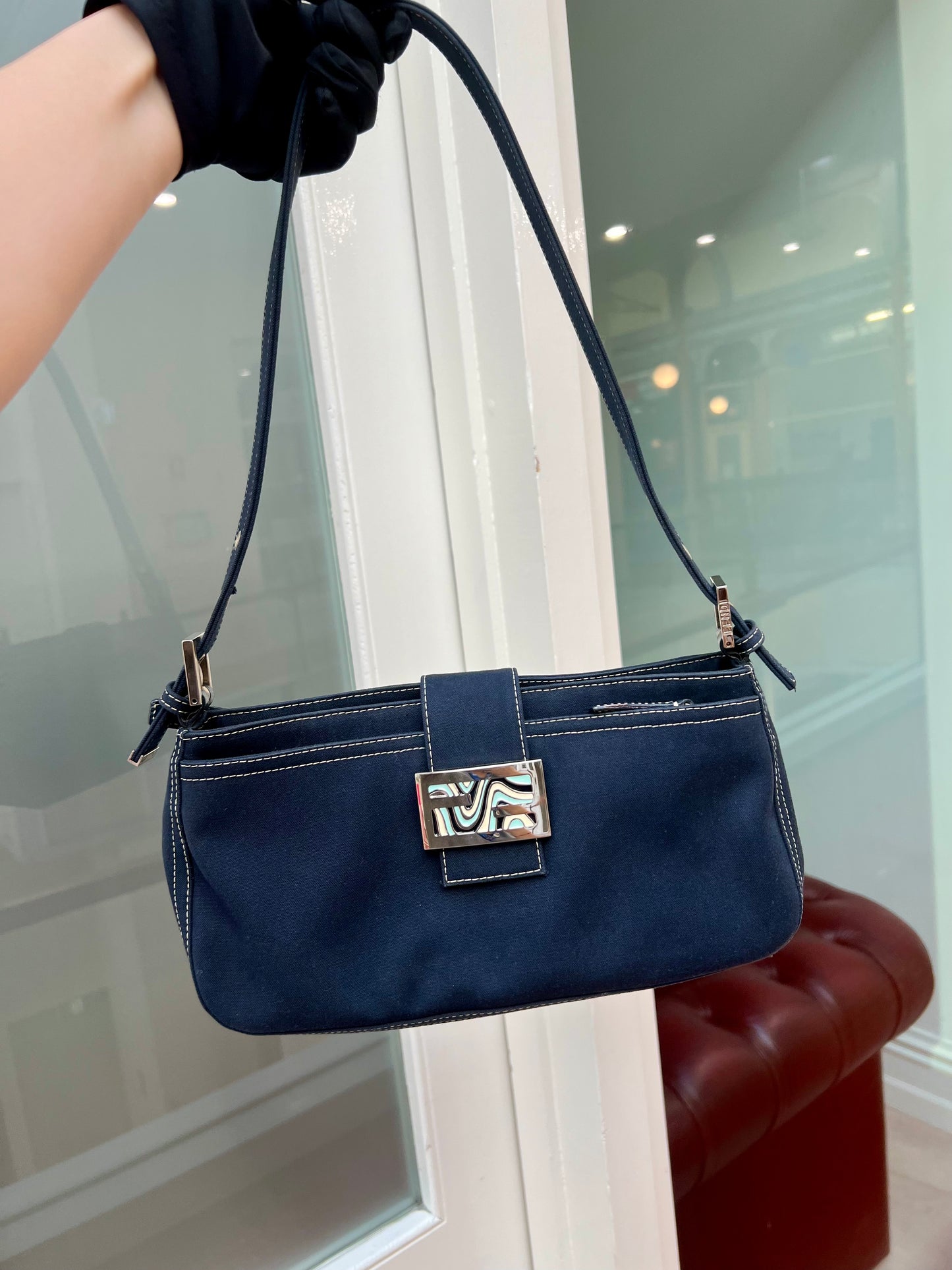 Pre- loved Fendi FF Denim Baguette Shoulder Bag Navy