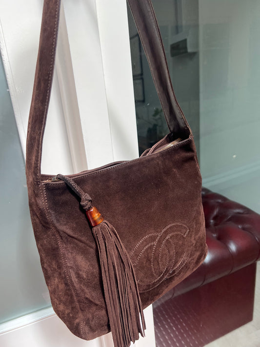 Pre-loved Chanel Vintage Brown Suede Tassel CC Shoulder Bag