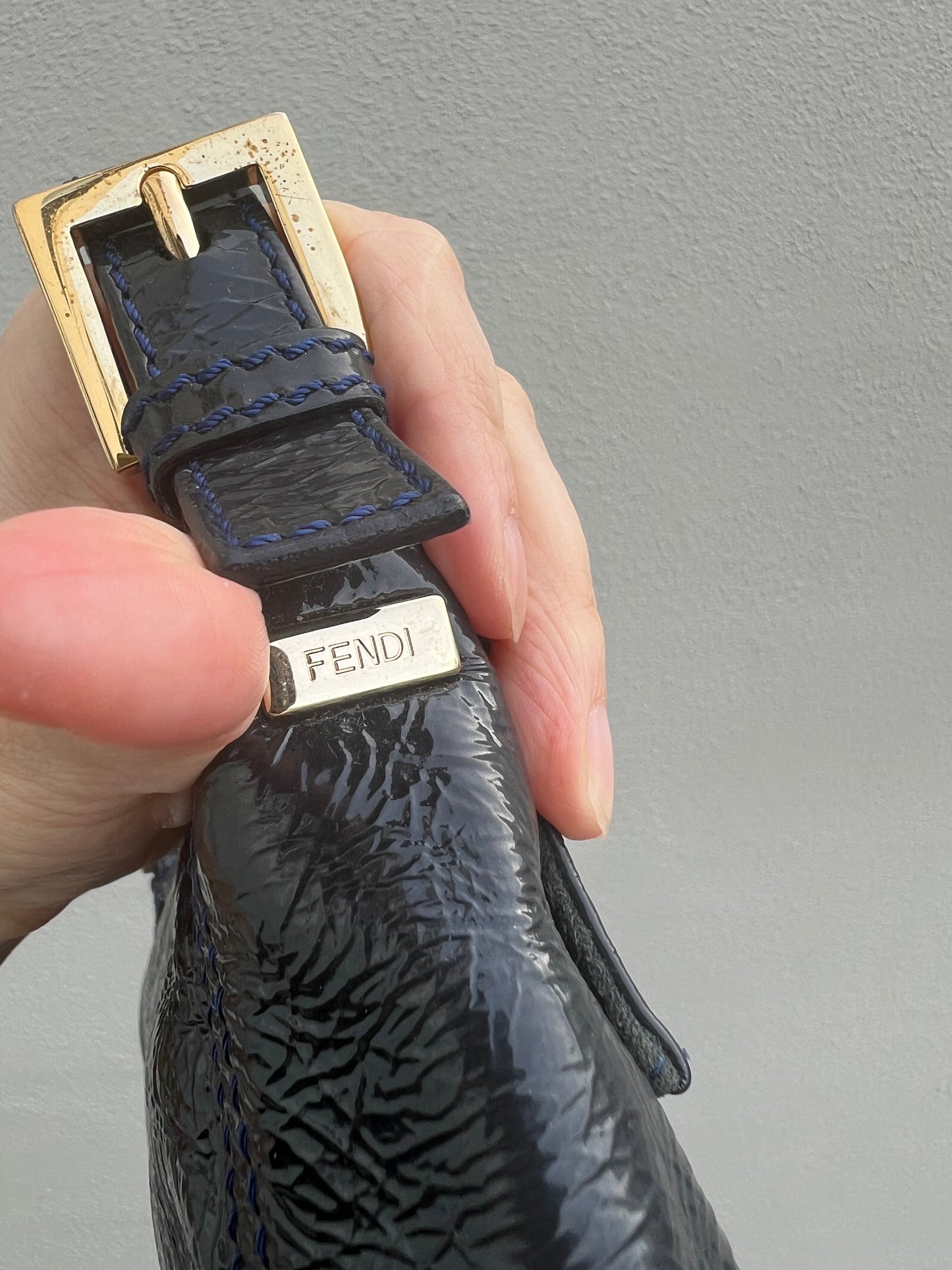 Pre-loved Fendi 3way Patent Leather Baguette Bag Navy Blue