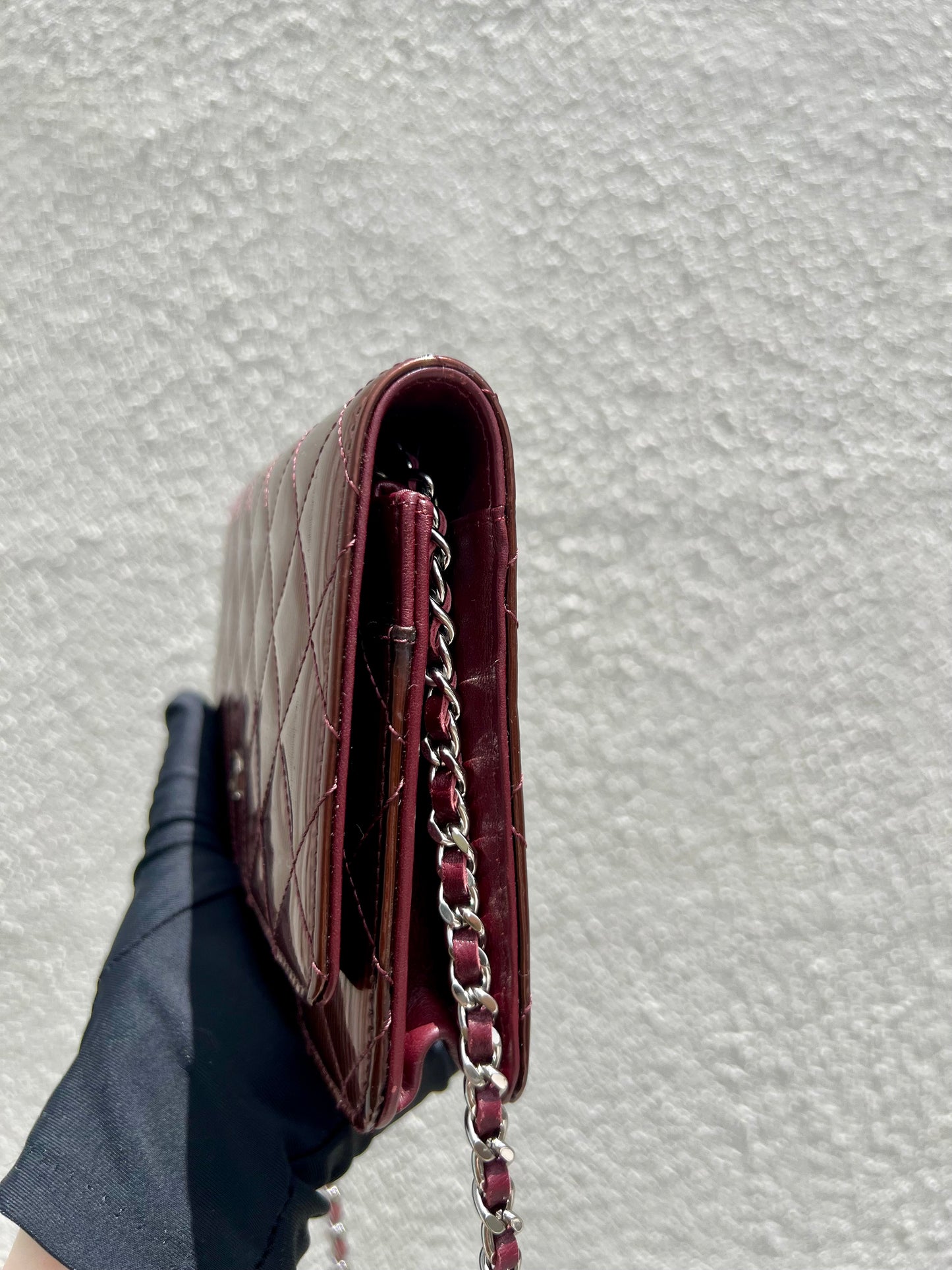 Pre- loved Chanel Burgundy Striated Quilted Patent Leather Classic WOC  Crossbody Bag
