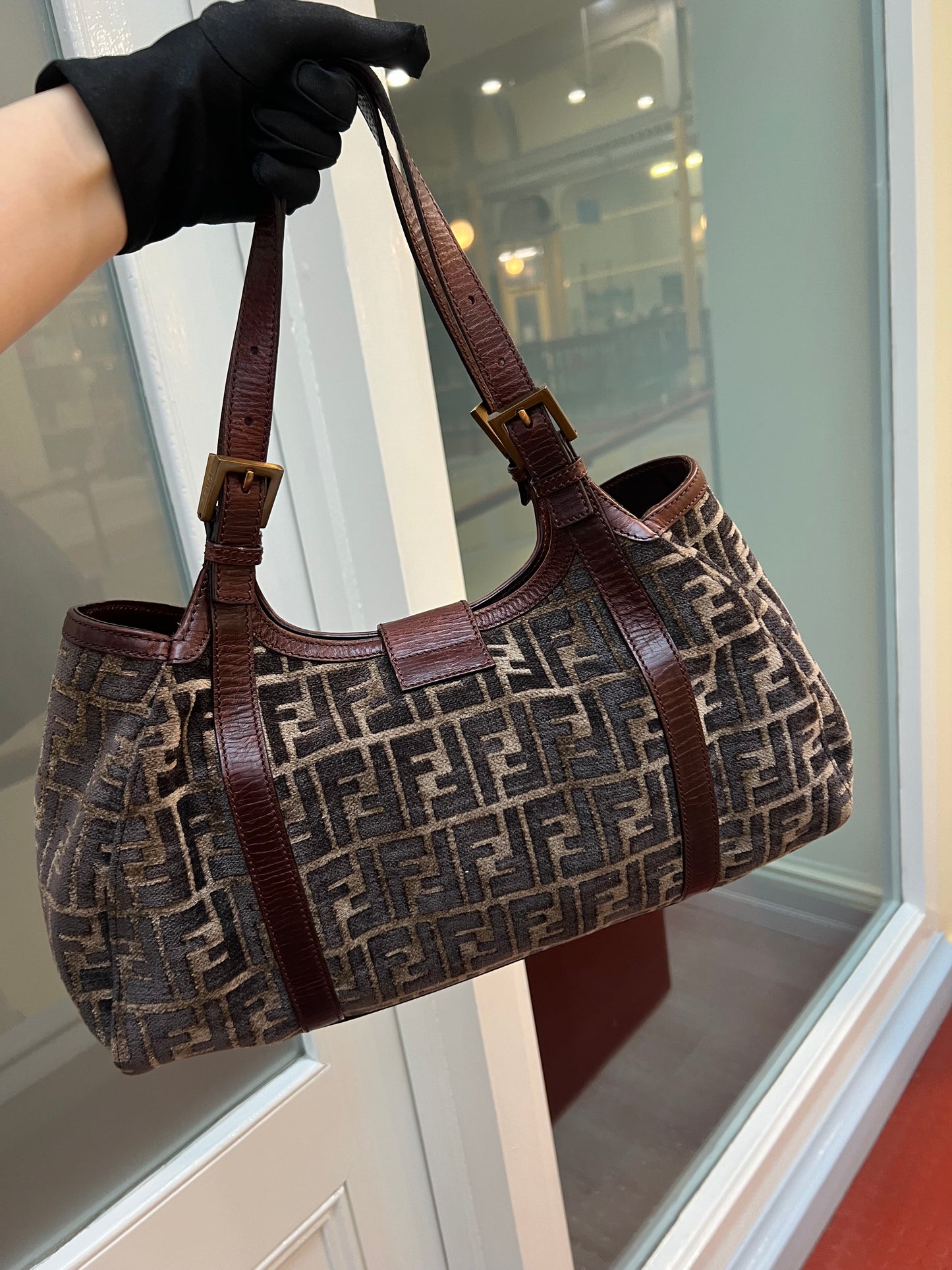 Pre-loved Fendi Velvet Zucca Shoulder Tote Bag