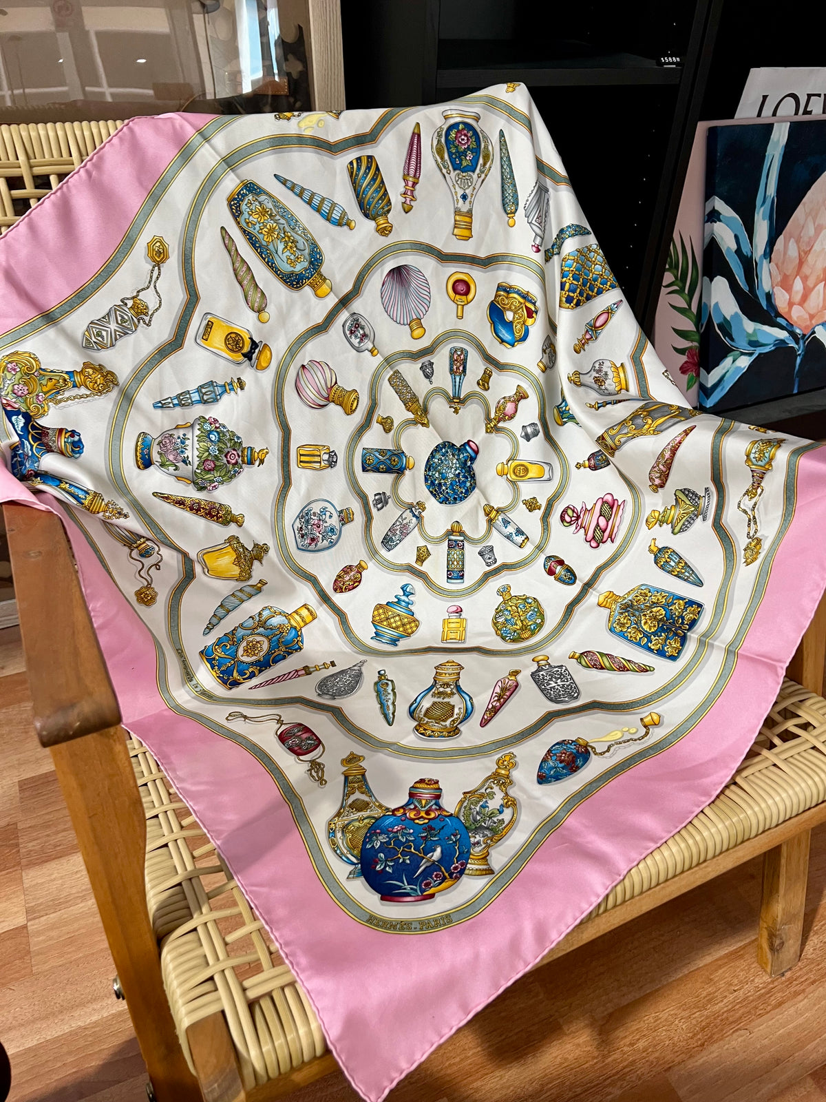 Pre-loved Hermès Pink & Multicolor 'Qu'importe Le Flacon' Silk Scarf 90