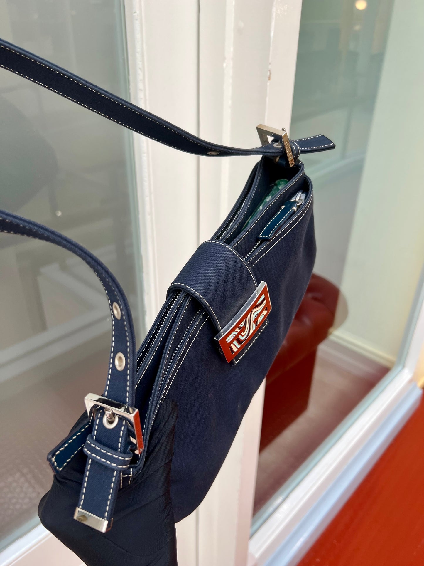 Pre- loved Fendi FF Denim Baguette Shoulder Bag Navy