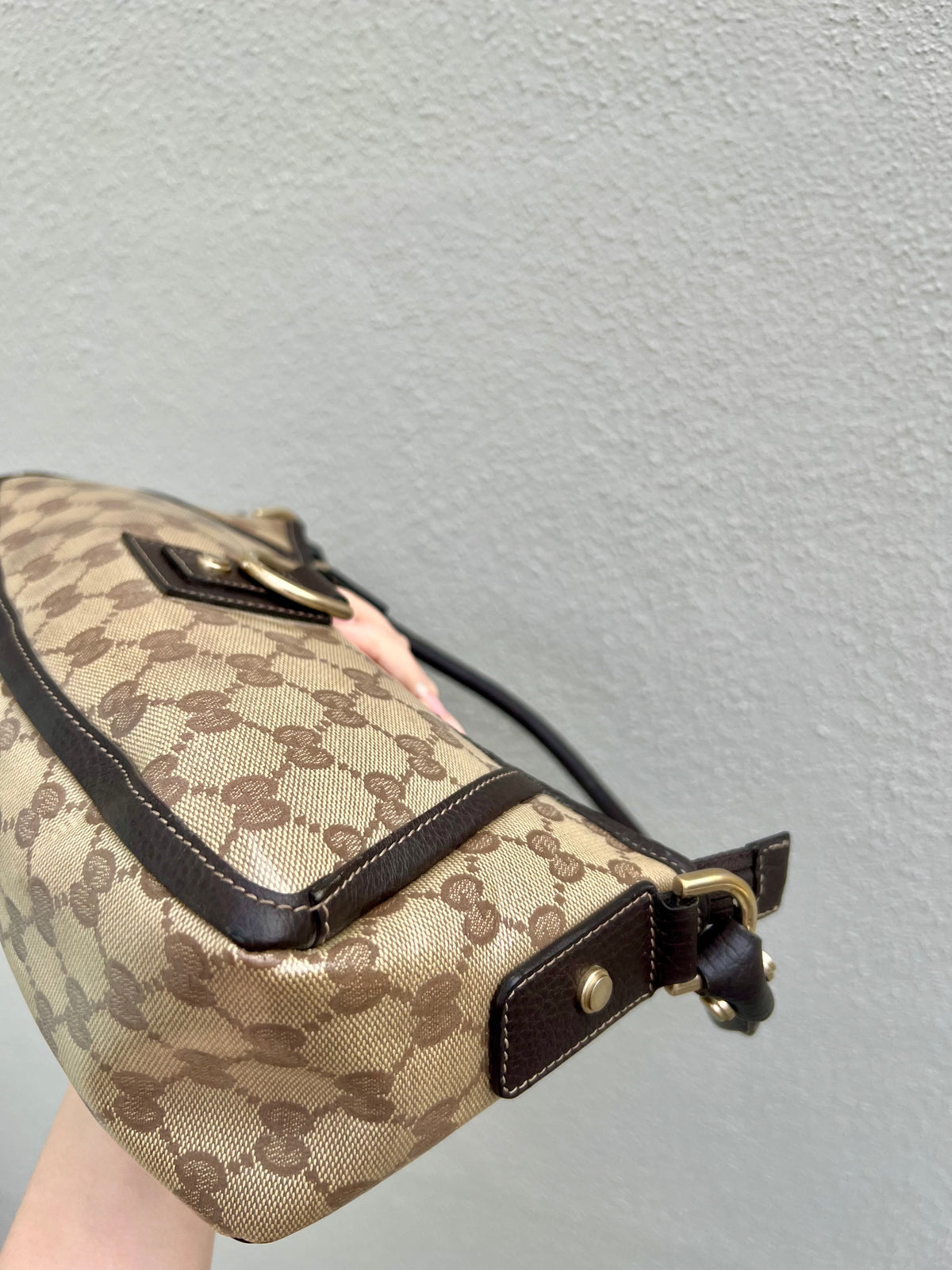 Pre-loved Gucci Crystal Coating GG Canvas Abbey Demi Hobo D-Ring Pochette