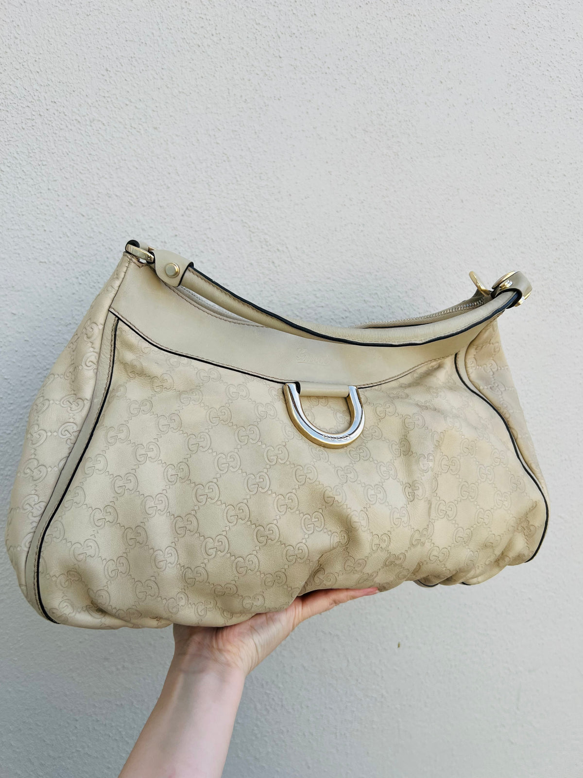 Pre-loved Gucci Abbey D-ring Guccissima Large Leather Hobo Bag Off White GHW