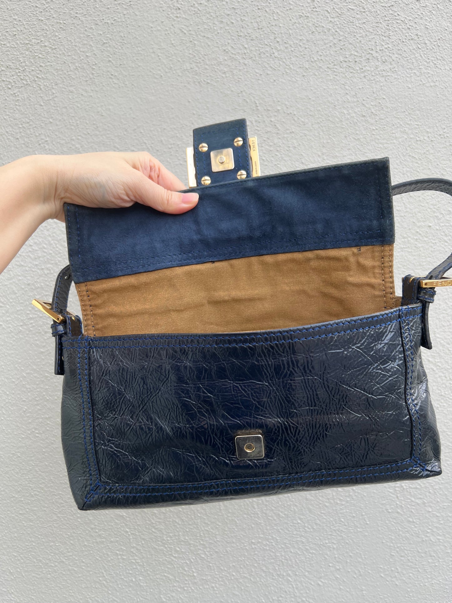 Pre-loved Fendi 3way Patent Leather Baguette Bag Navy Blue