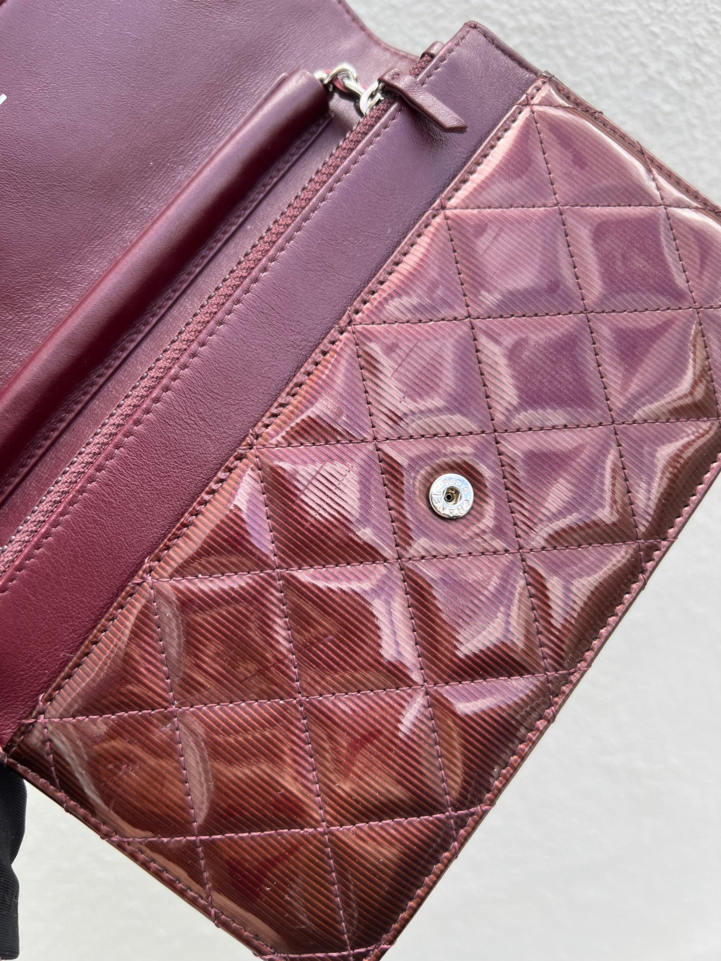 Pre- loved Chanel Burgundy Striated Quilted Patent Leather Classic WOC  Crossbody Bag