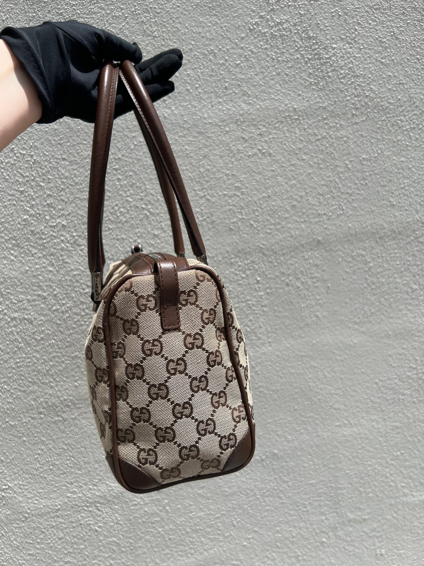 Pre- loved Gucci Beige/Brown GG Canvas and Leather Boston Bag