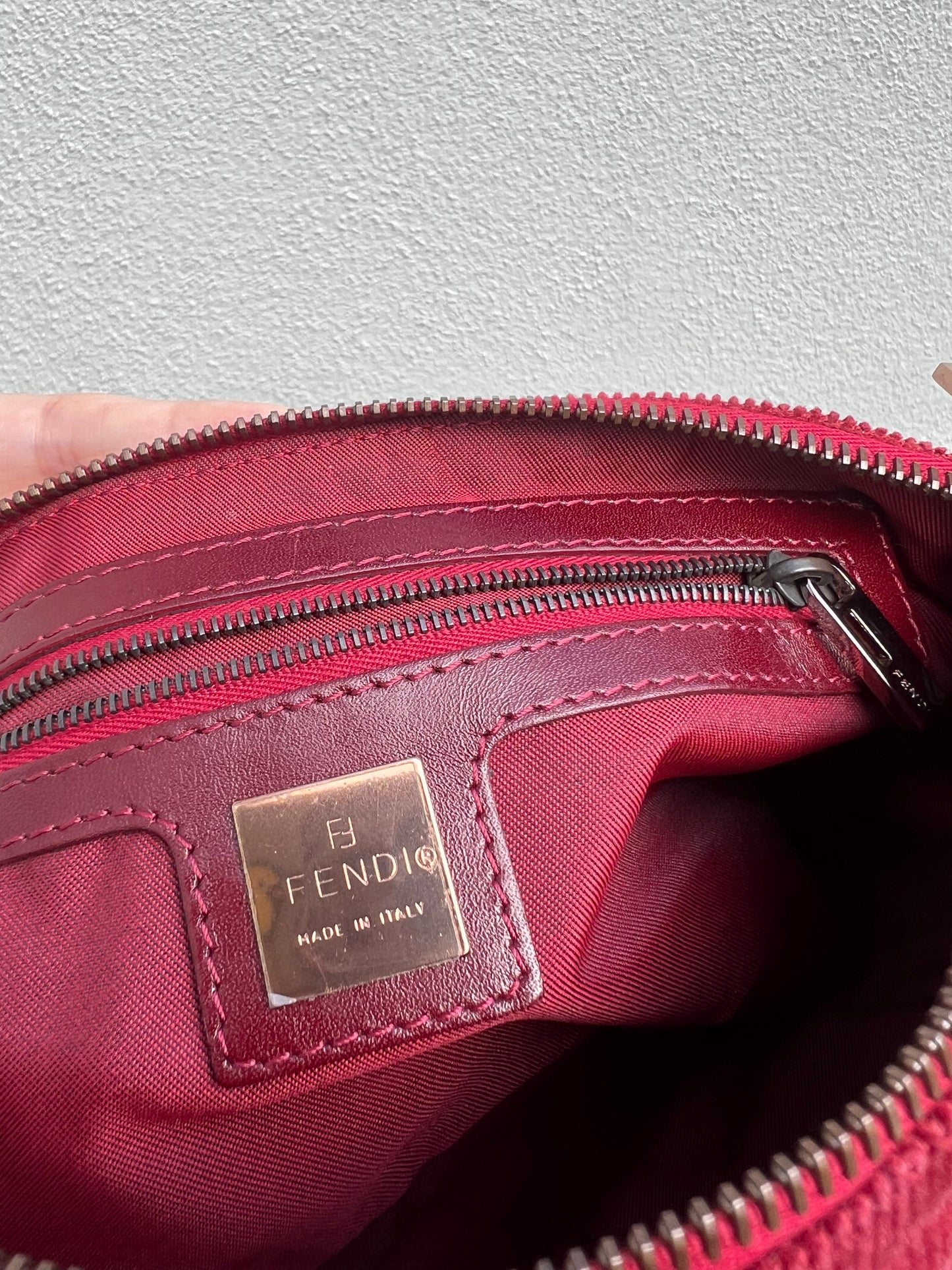 Pre-loved Fendi Red Corduroy Top-zip Baguette Shoulder Bag