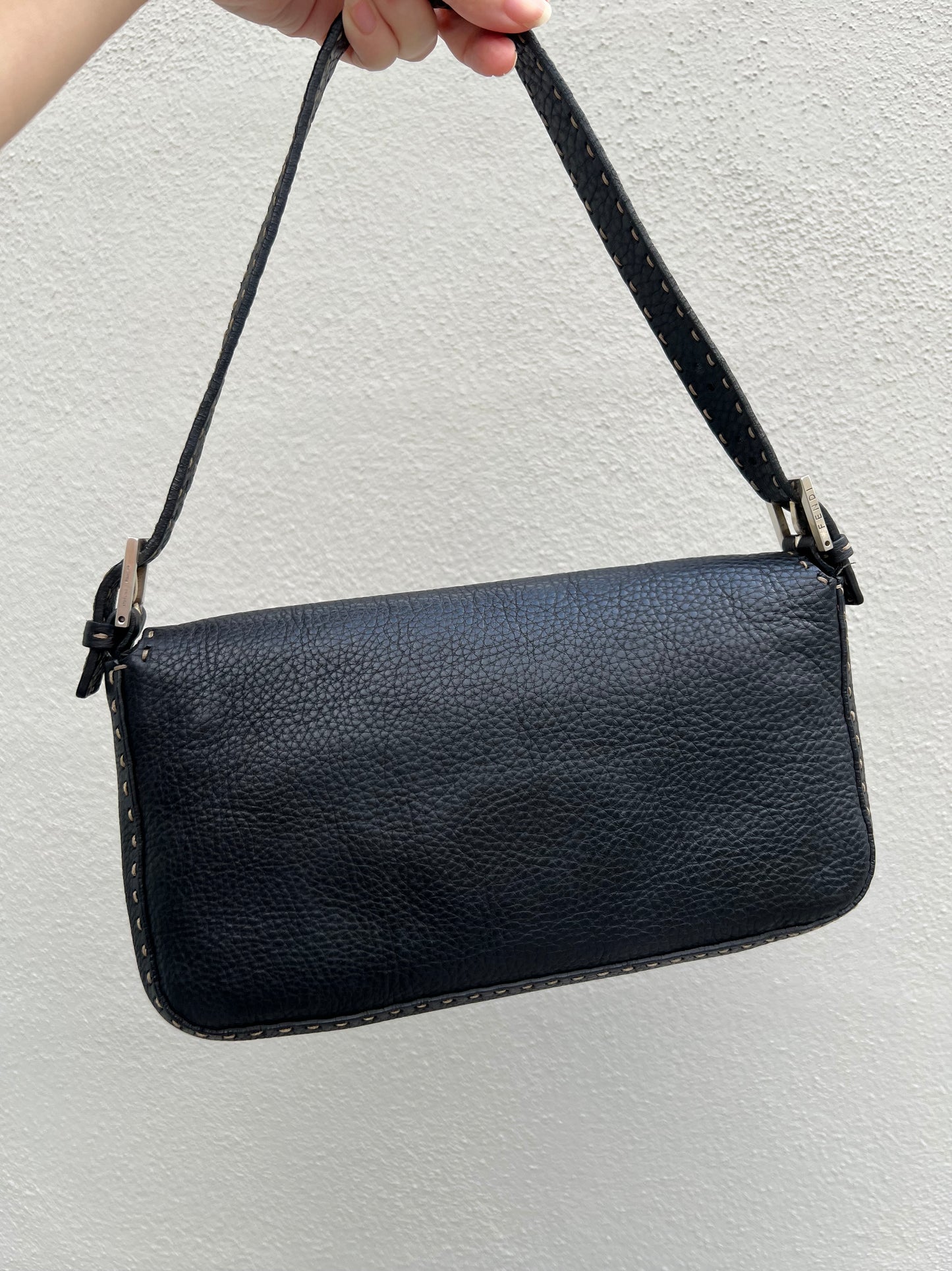 Pre-loved Fendi Baguette Black Cuoio Romano Leather Selleria with Sterling Silver Hardware