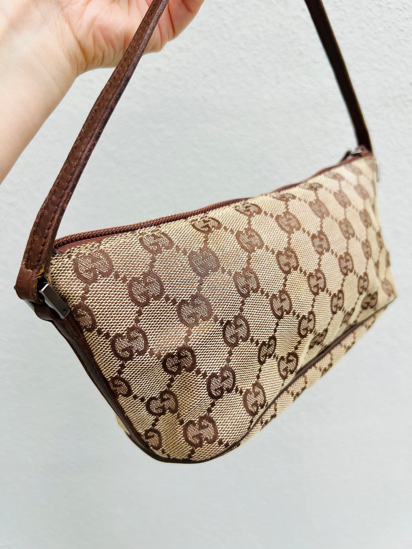 Pre-loved Gucci vintage GG Canvas Boat Baguette Bag Brown