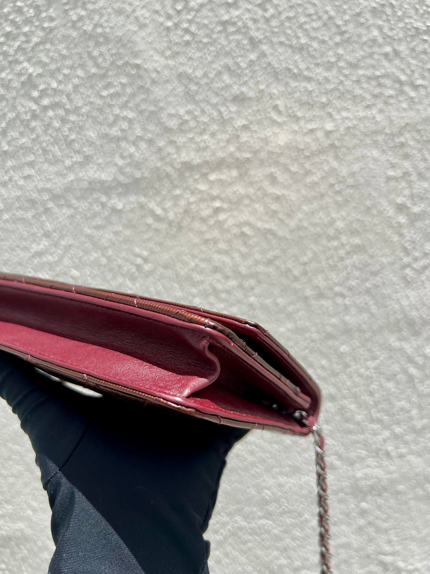 Pre- loved Chanel Burgundy Striated Quilted Patent Leather Classic WOC  Crossbody Bag