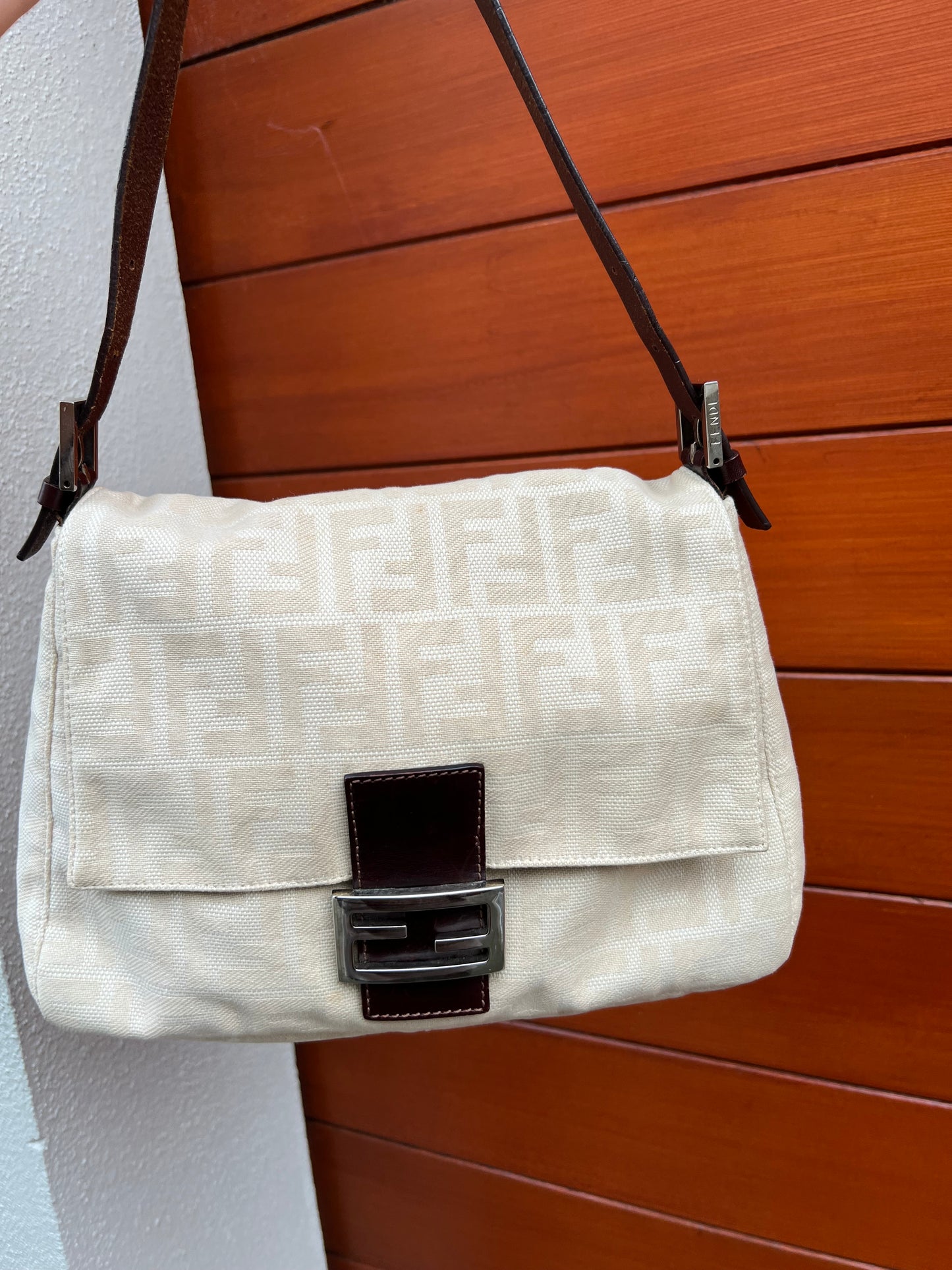 Pre-loved Fendi Zucca Canvas Mamma Baguette Shoulder Bag Beige