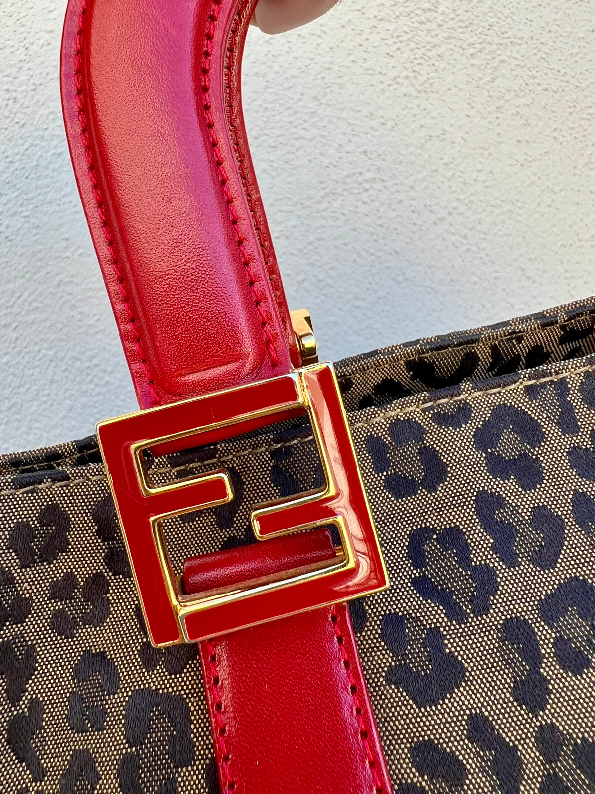 Pre-loved Fendi Leopard Print Tote Bag with Red Handles
