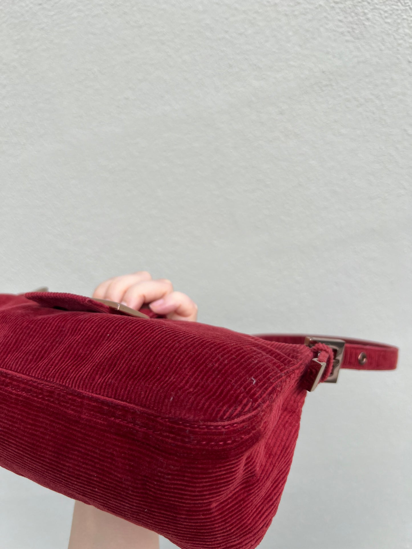 Pre-loved Fendi Red Corduroy Top-zip Baguette Shoulder Bag