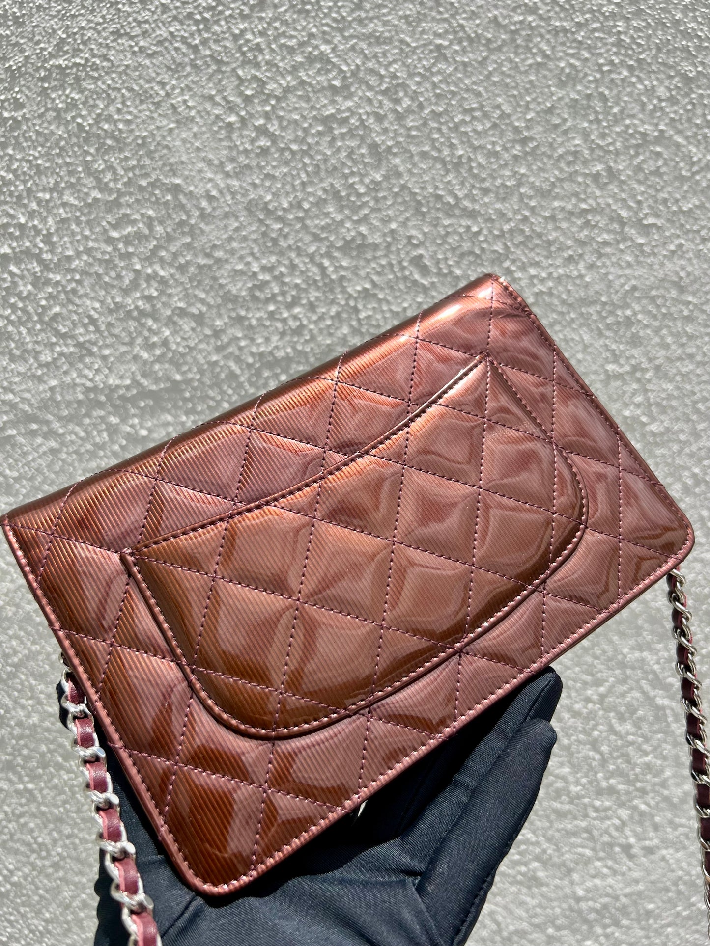 Pre- loved Chanel Burgundy Striated Quilted Patent Leather Classic WOC  Crossbody Bag