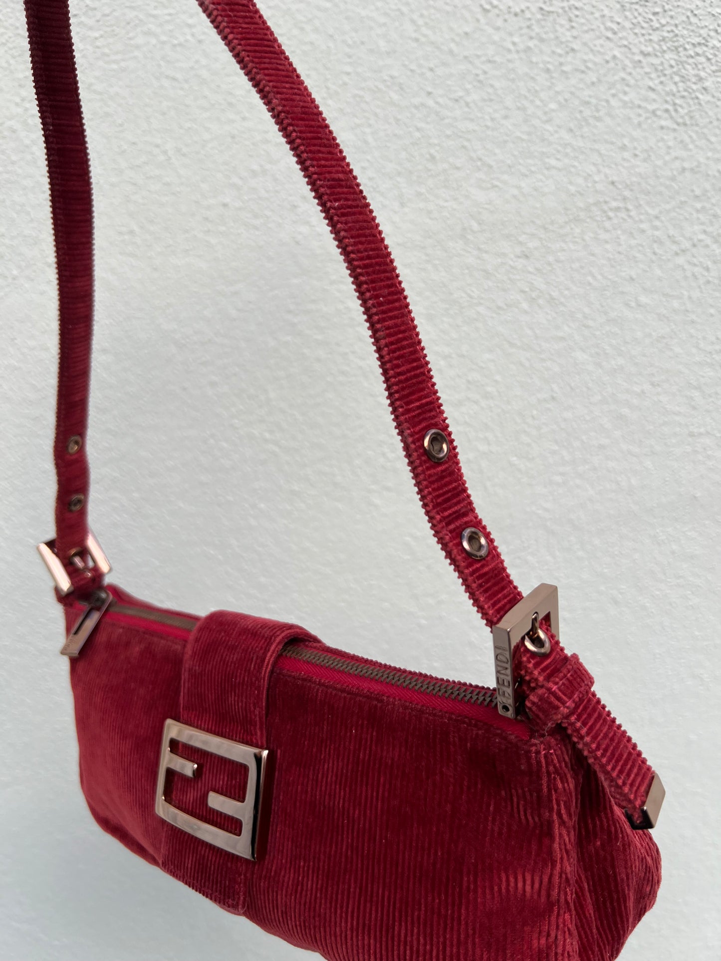 Pre-loved Fendi Red Corduroy Top-zip Baguette Shoulder Bag