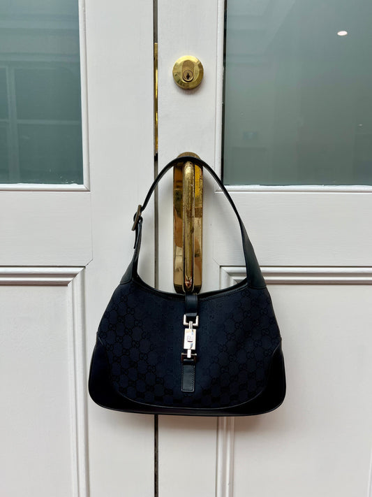 Pre-loved Gucci Black GG Canvas and Leather Jackie O Hobo 1999