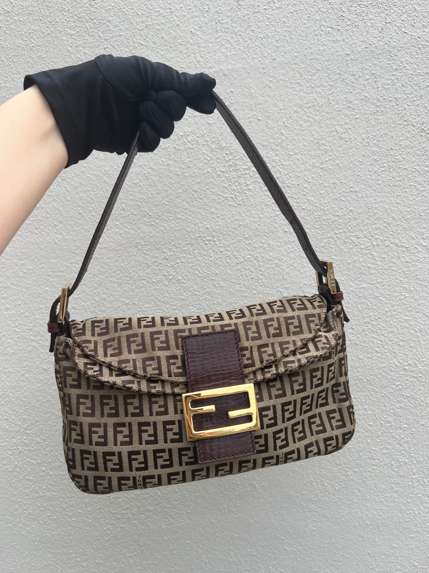 Pre-loved Fendi Vintage Zucchino Pattern Baguette Handbag Brown