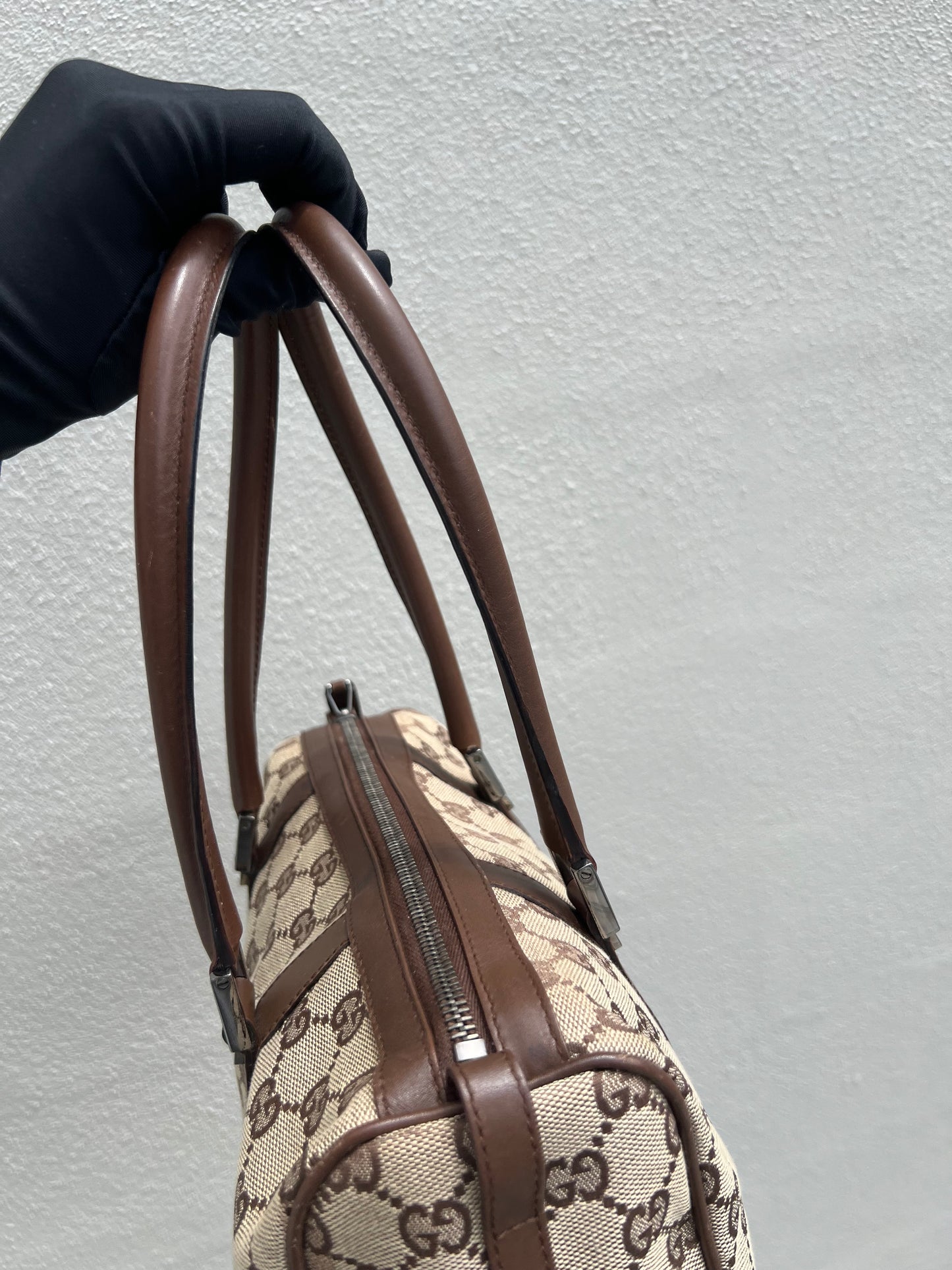 Pre- loved Gucci Beige/Brown GG Canvas and Leather Boston Bag