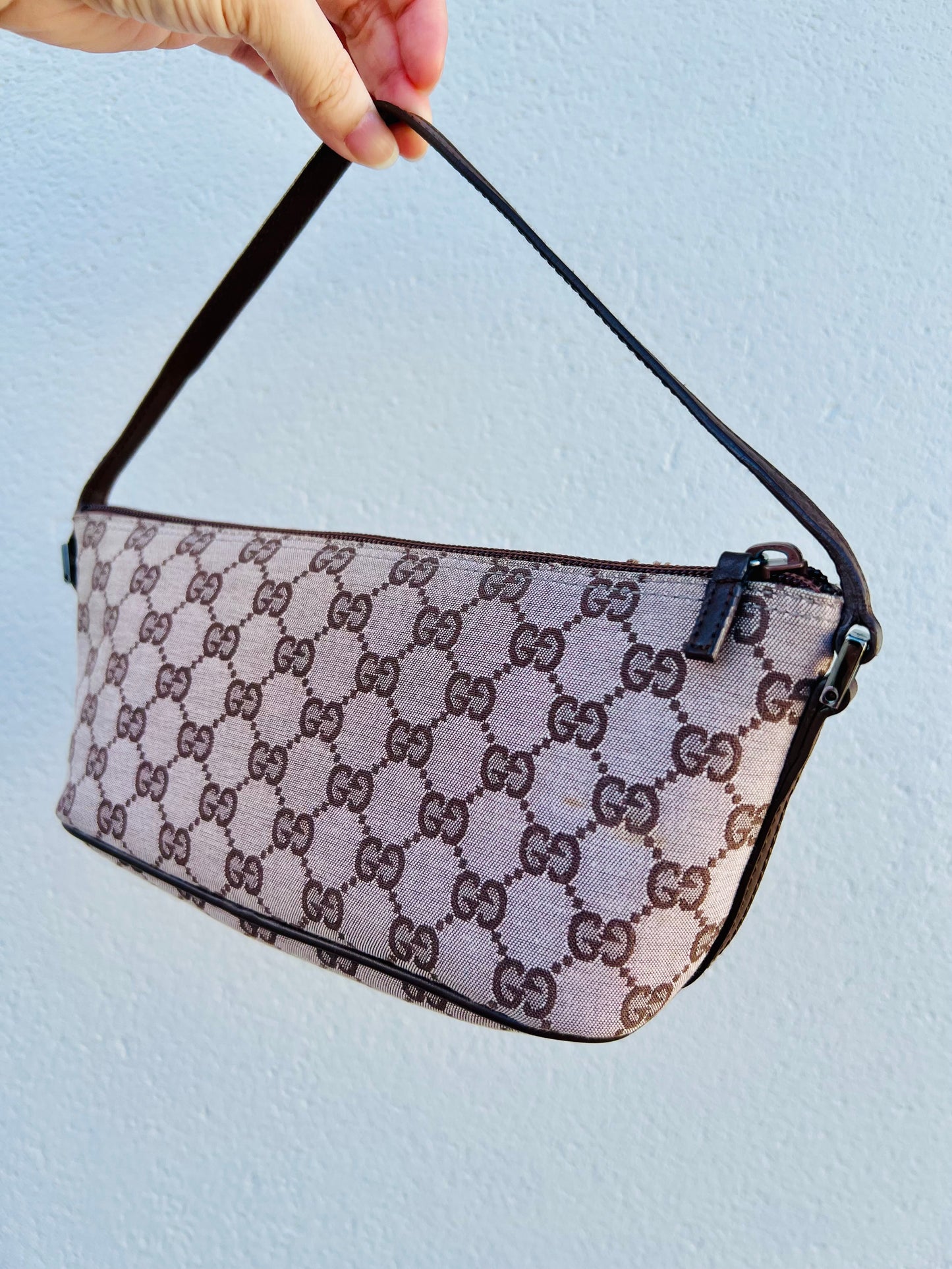 Pre-loved Gucci vintage GG Canvas Boat Baguette Bag Brown