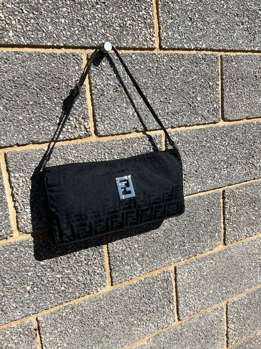 Pre-loved Fendi Zucco Print Hobo Shoulder Bag Black